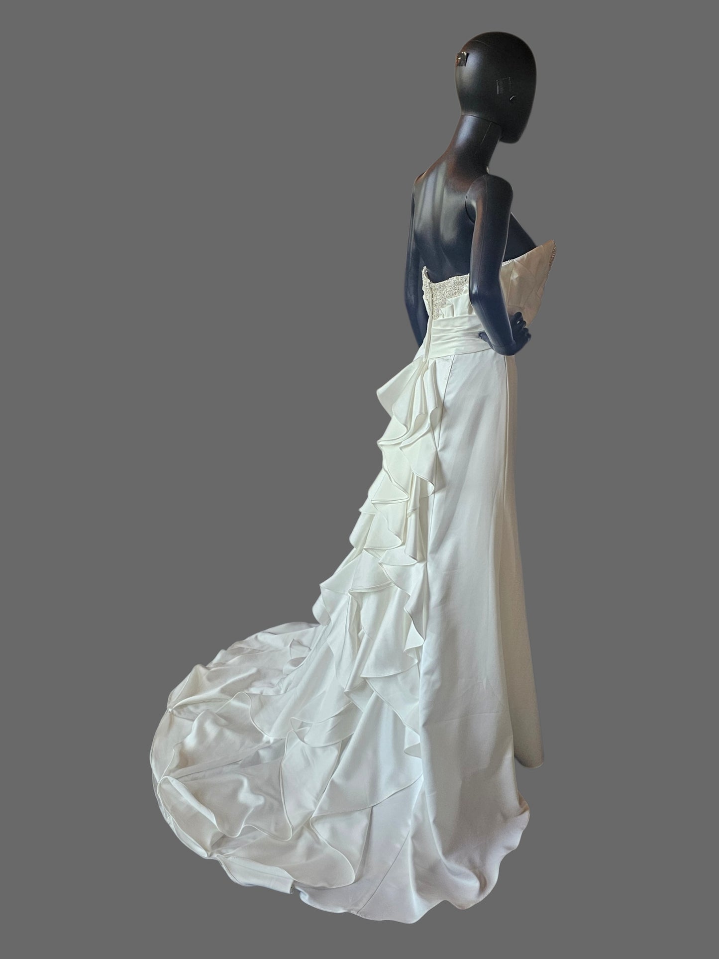 Cream Silky Satin Strapless Beaded Side Sweep Wedding Gown - Alfred Angelo