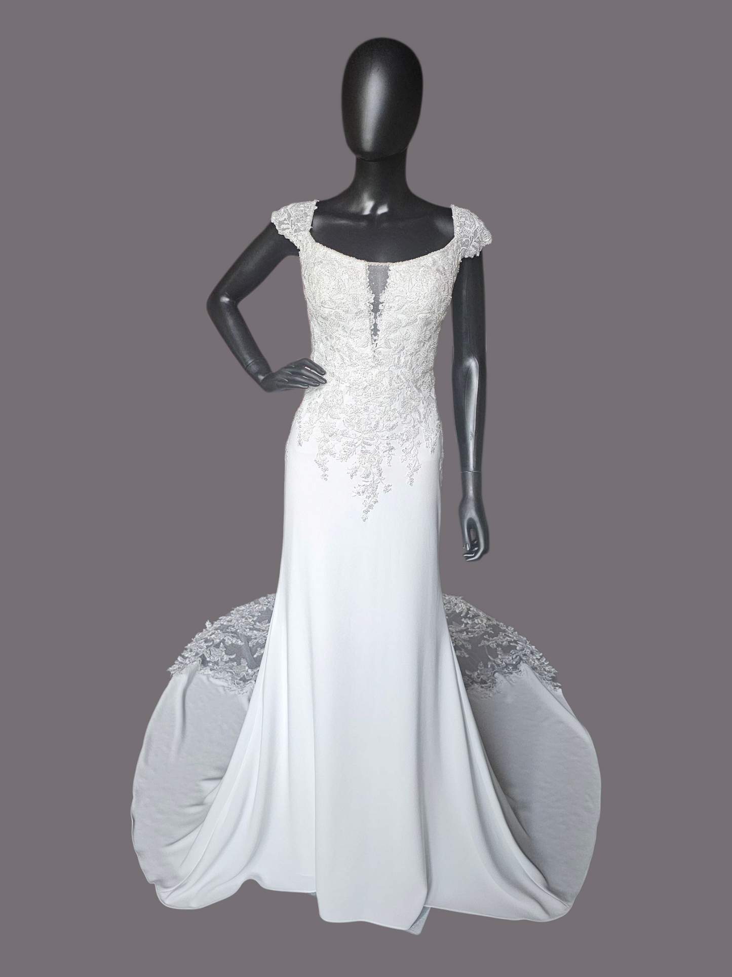 Ivory Crepe Fitted Cap Sleeve Wedding Gown - Mori Lee
