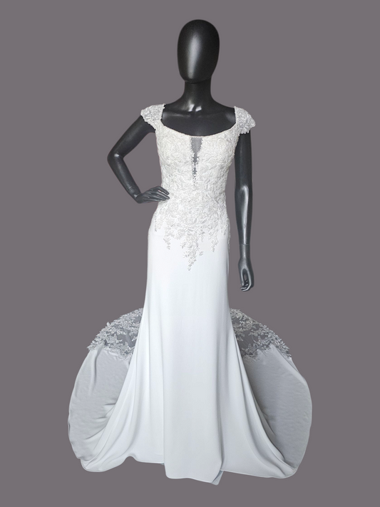 Ivory Crepe Fitted Cap Sleeve Wedding Gown - Mori Lee