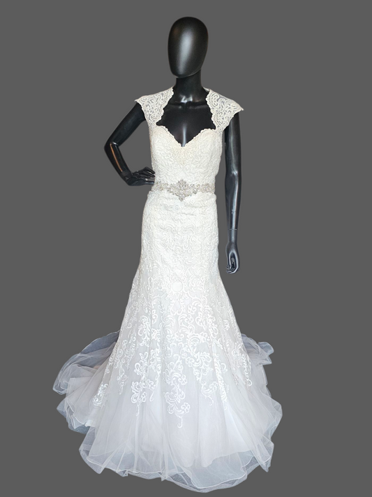 Ivory Lace Queen Anne Cap Sleeve Fit/Flare Wedding Gown - Mori Lee
