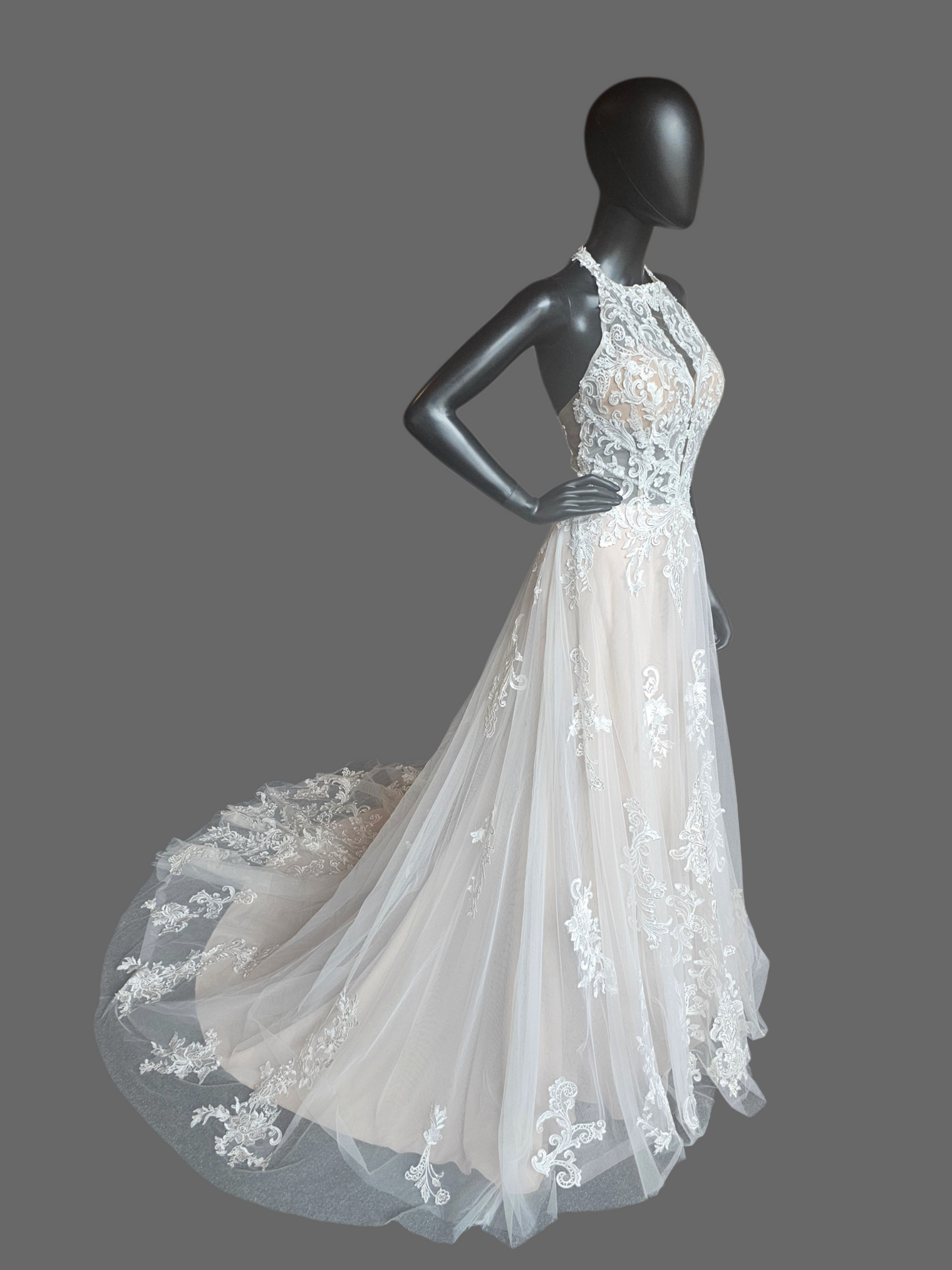Lace Halter A-Line Open Back Wedding Gown - Mori Lee