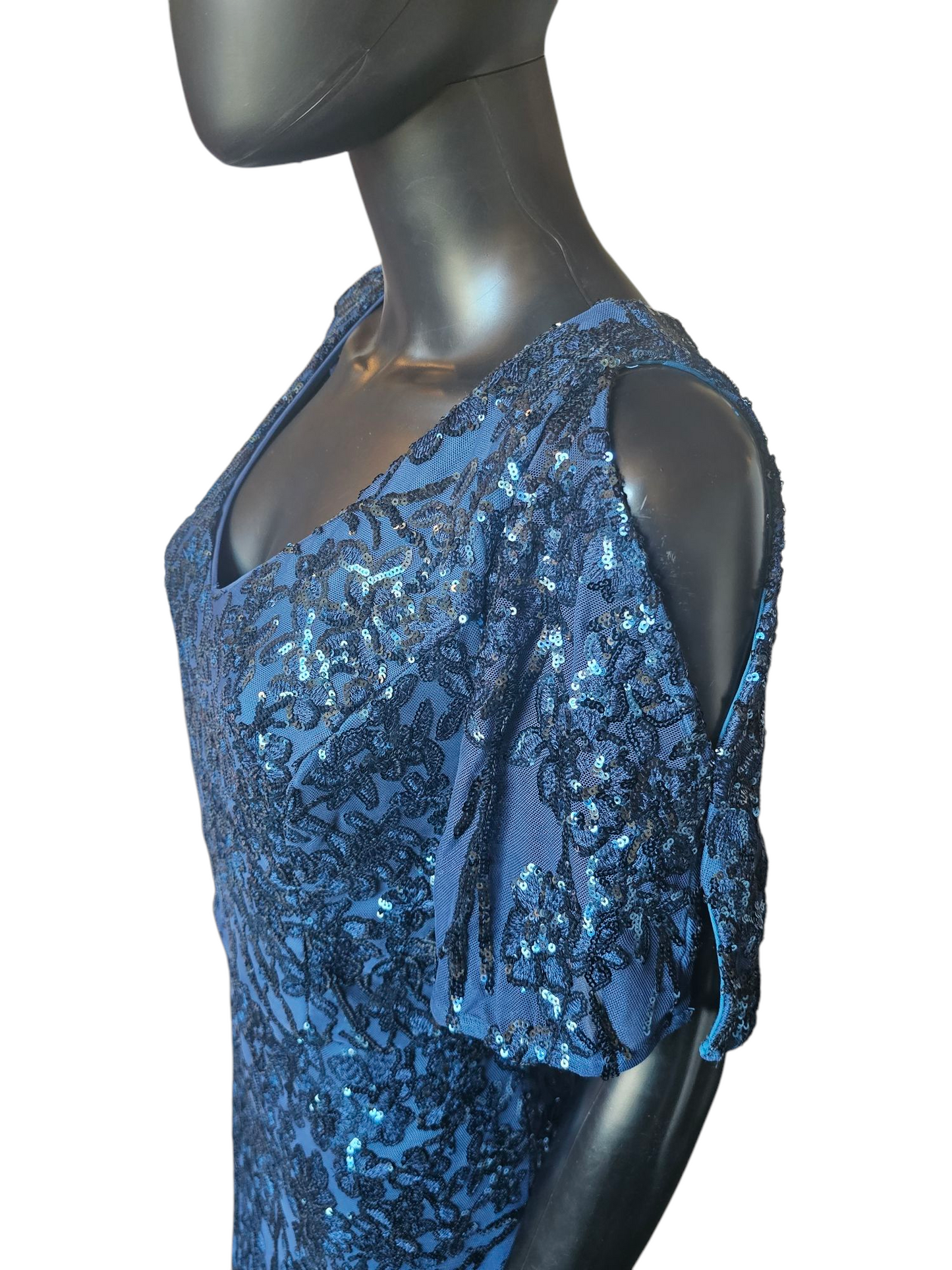 Royal Blue Beaded Cold Shoulder Flutter Sleeve Formal Gown - Alex Evenings