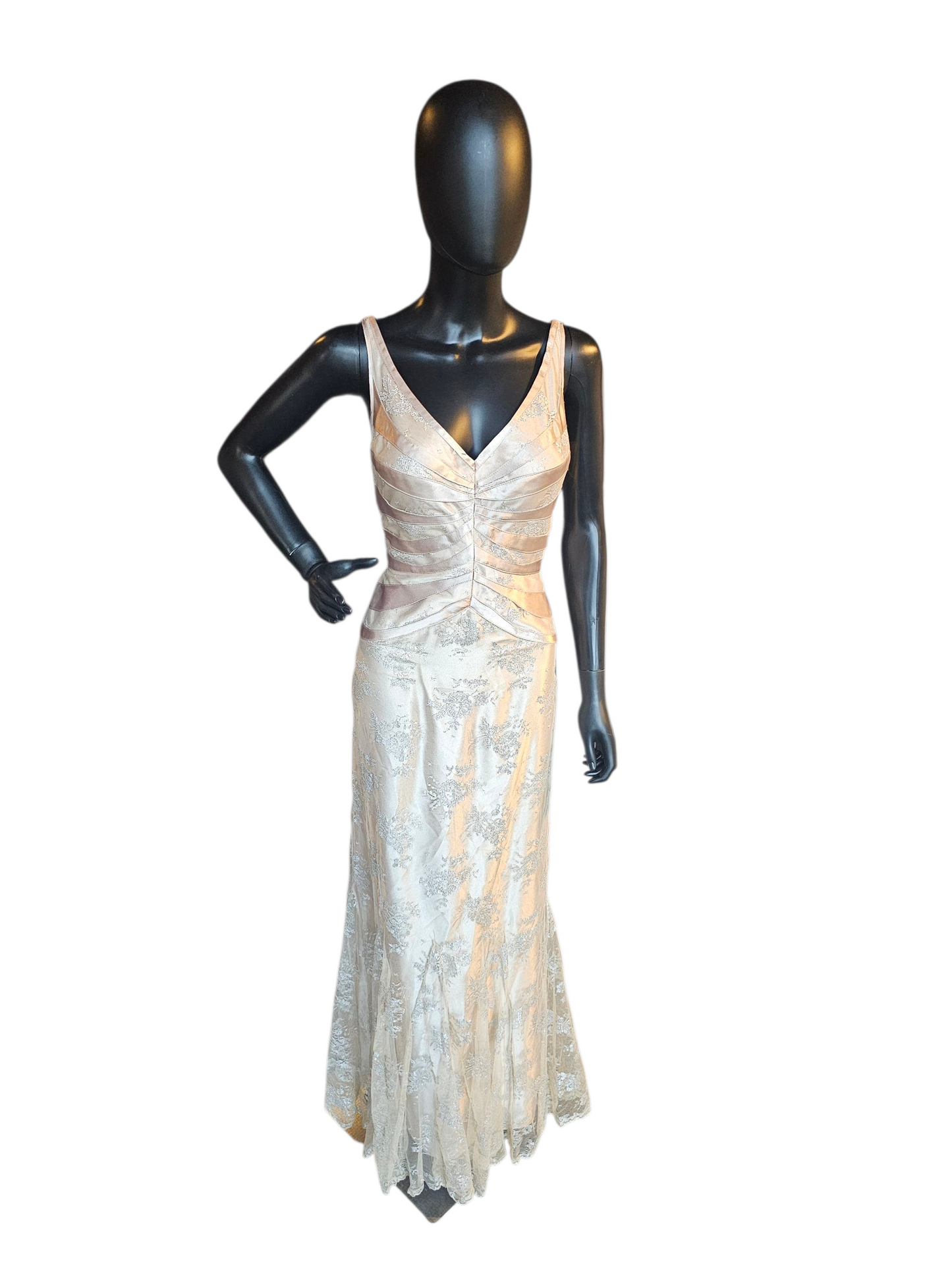 Gold Satin/Silver Lace V-Neck Tiered Fit/Flare Formal Gown - JS Collections