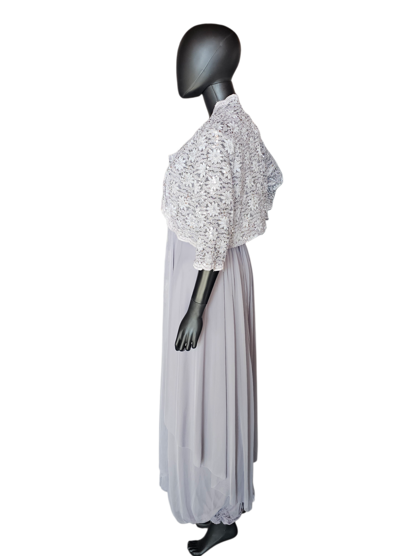 Silver/Grey Lace 3/4 Sleeve Jacket Formal Dress - R + M Richards