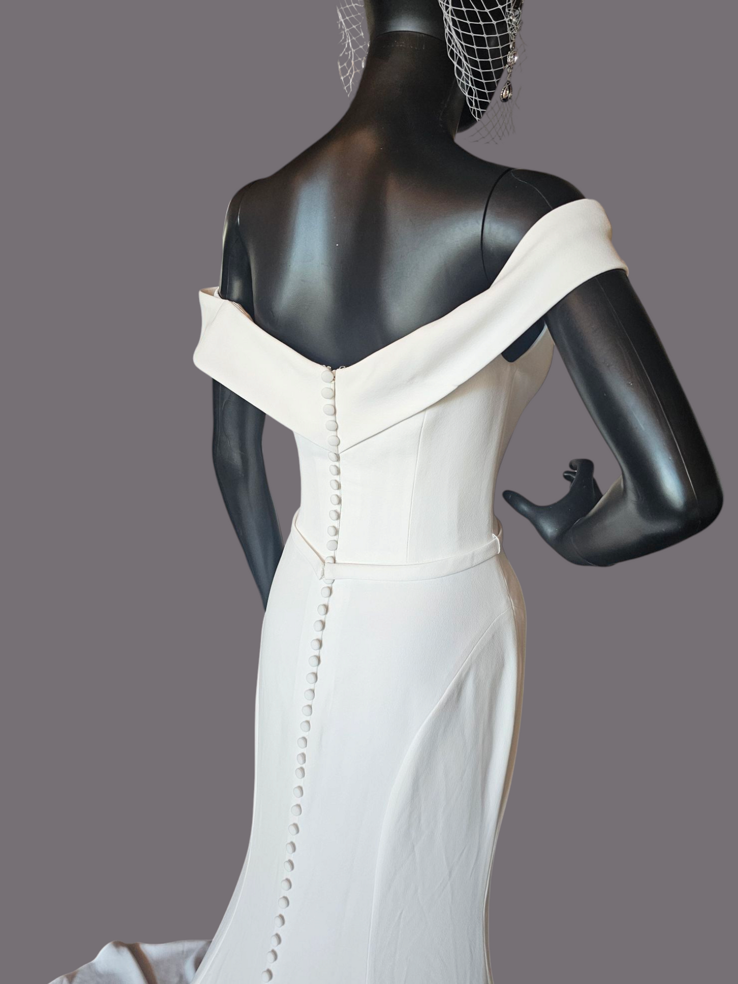 Ivory Off Shoulder Fitted Crepe Wedding Gown