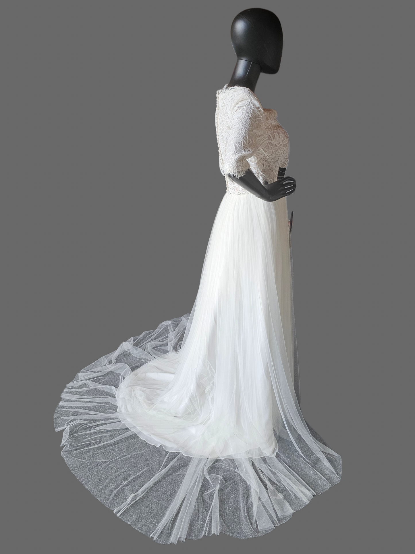 Ivory Lace Bodice V-Neck 3/4 Sleeve Wedding Gown - Rebecca Ingram