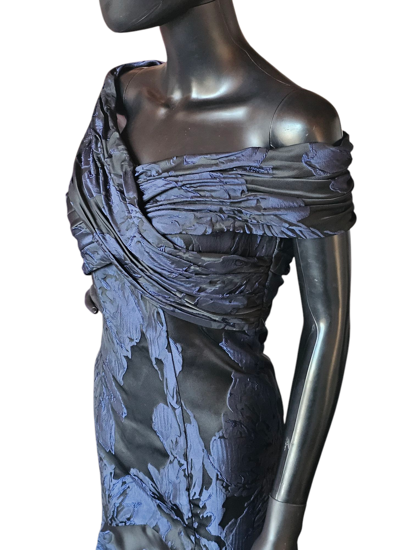 Black/Navy Jacquard Off Shoulder Fit/Flare Formal Gown - Madeline Gardner