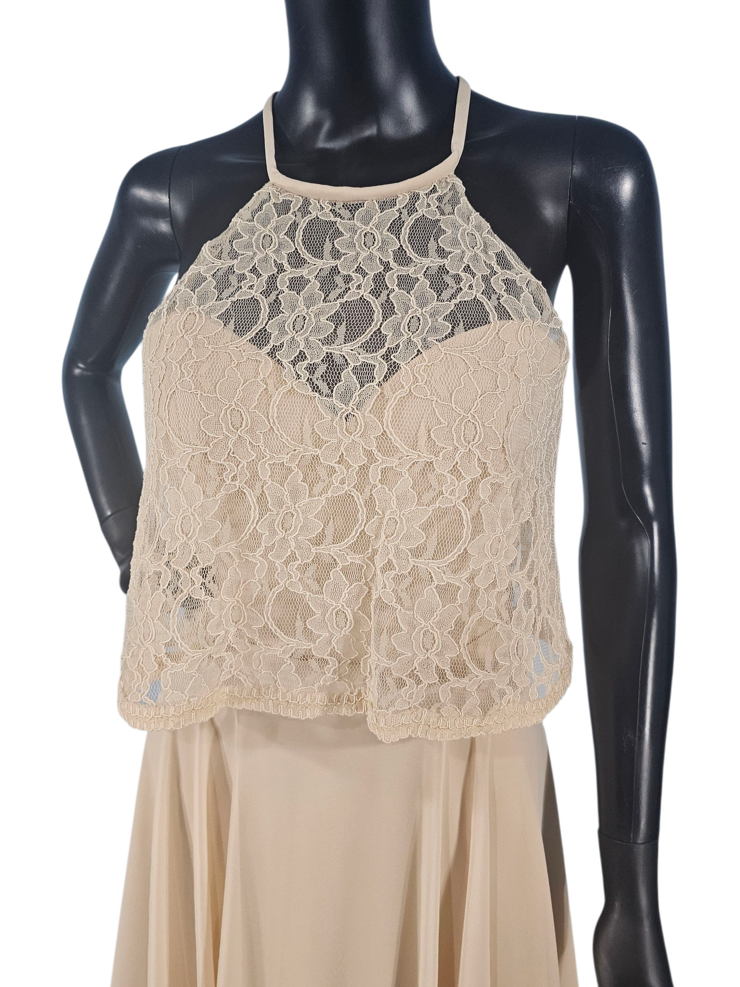 Champagne Lace/Chiffon Halter Flutter Cocktail/Party Dress - Mori Lee