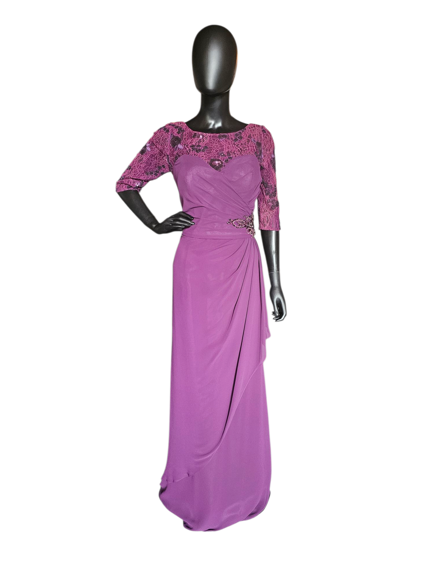 Plum Lace Sleeve Illusion Side Ruched Formal Gown - MGNY