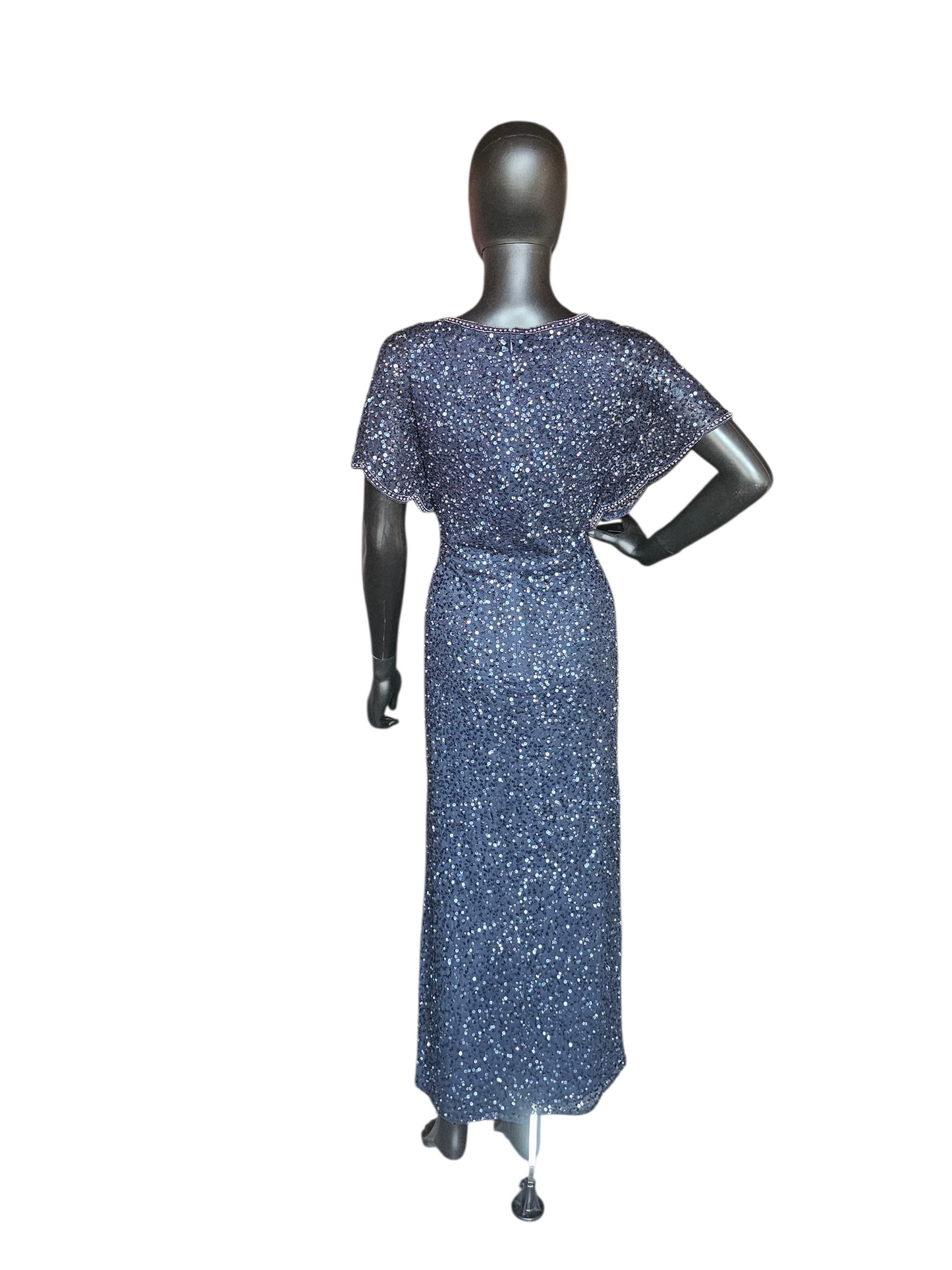 Navy Full Beaded Flutter Sleeve Formal Dress - Adrianna Papell