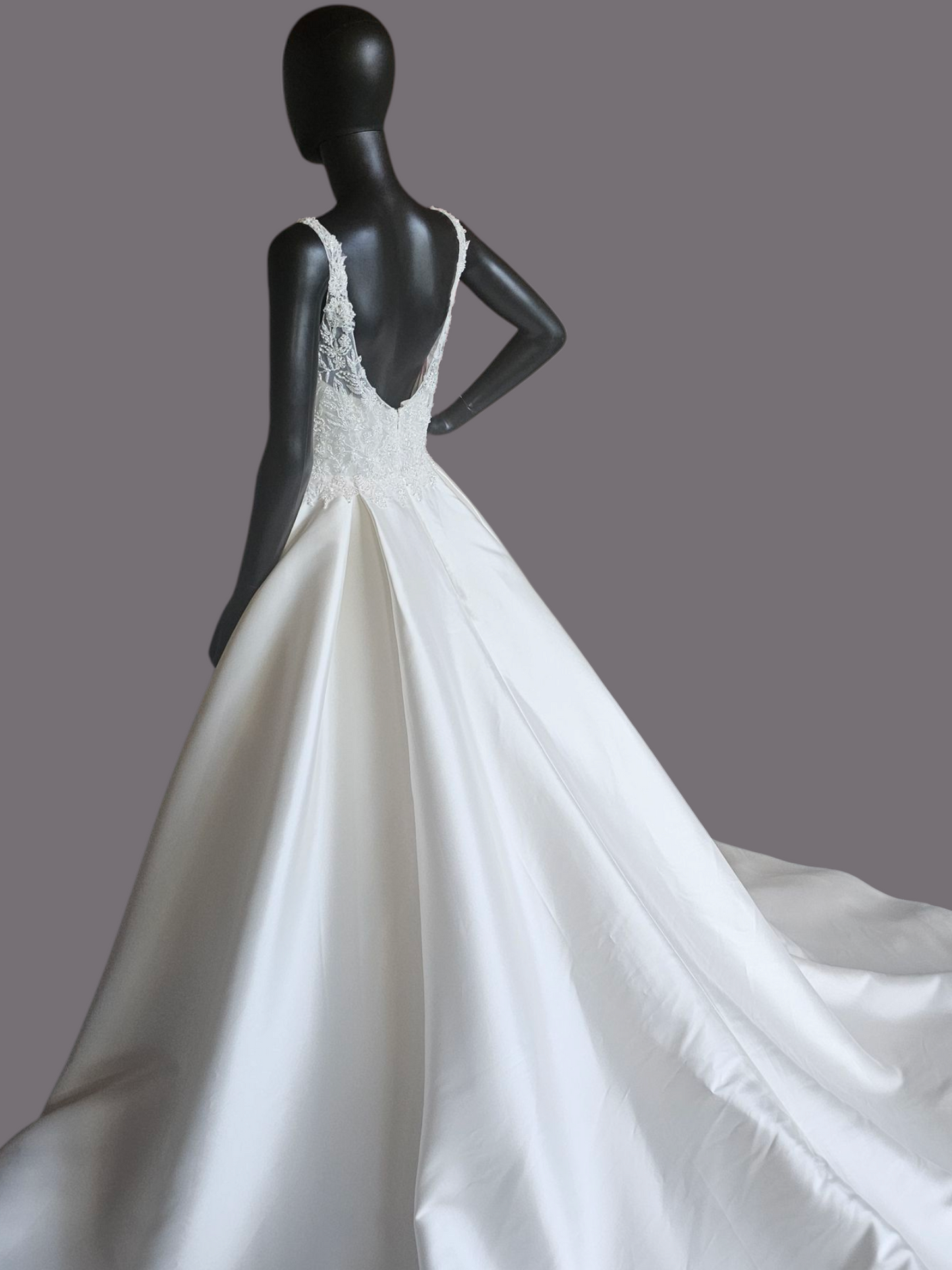 Ivory Ballgown Satin V-Neck Illusion Wedding Gown  - Da Vinci