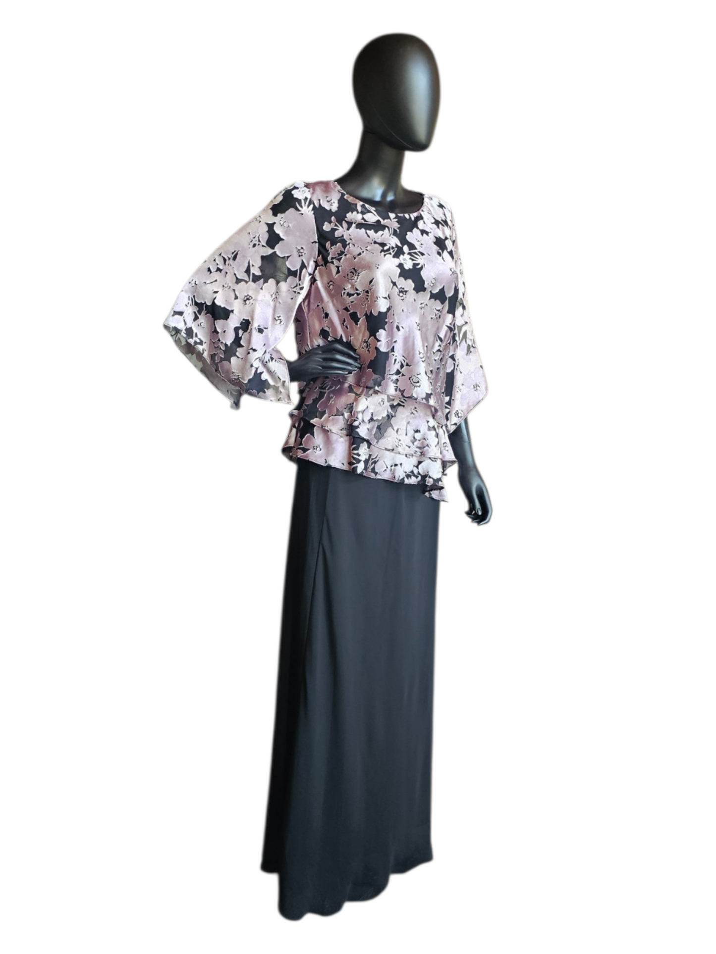 Lavender/Black Floral 3/4 Sleeve 2 Piece Chiffon Shirt And Skirt Moms Outfit- Alex Evenings
