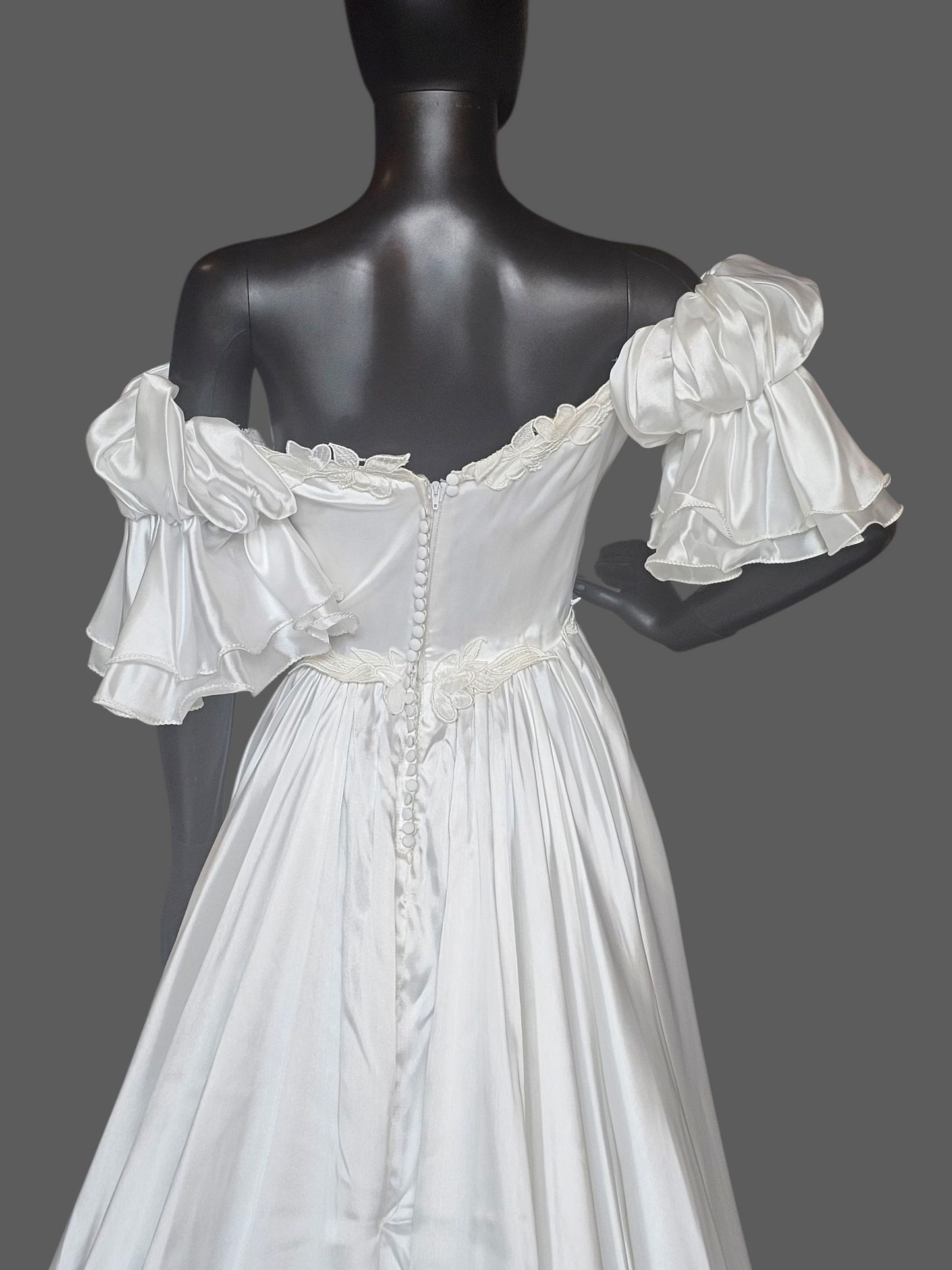 Vintage White Charmeuse Off Shoulder Wedding Gown