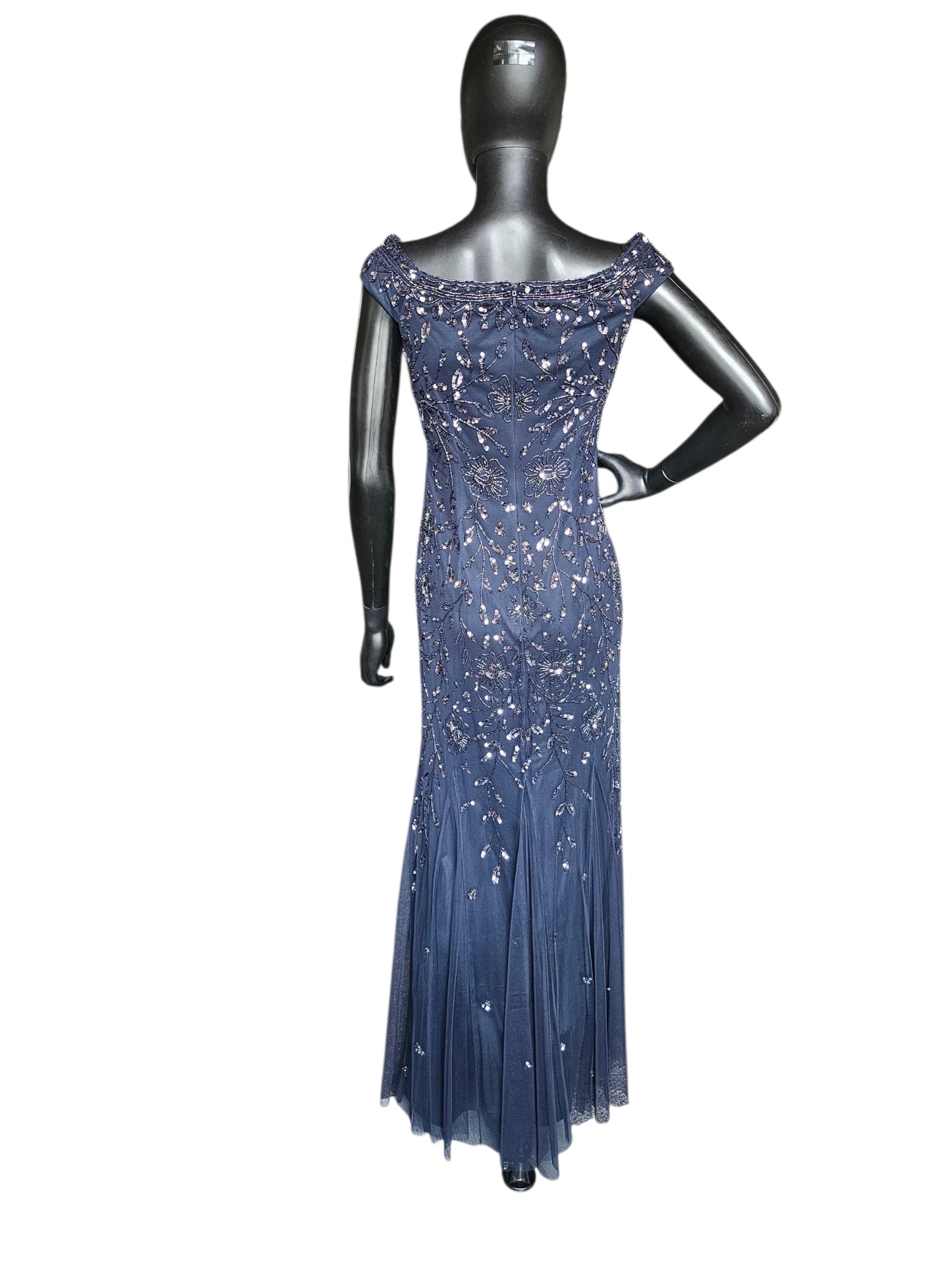 Navy Beaded Fit/Flare Off Shoulder Full Length Formal Dress - Oleg Cassini