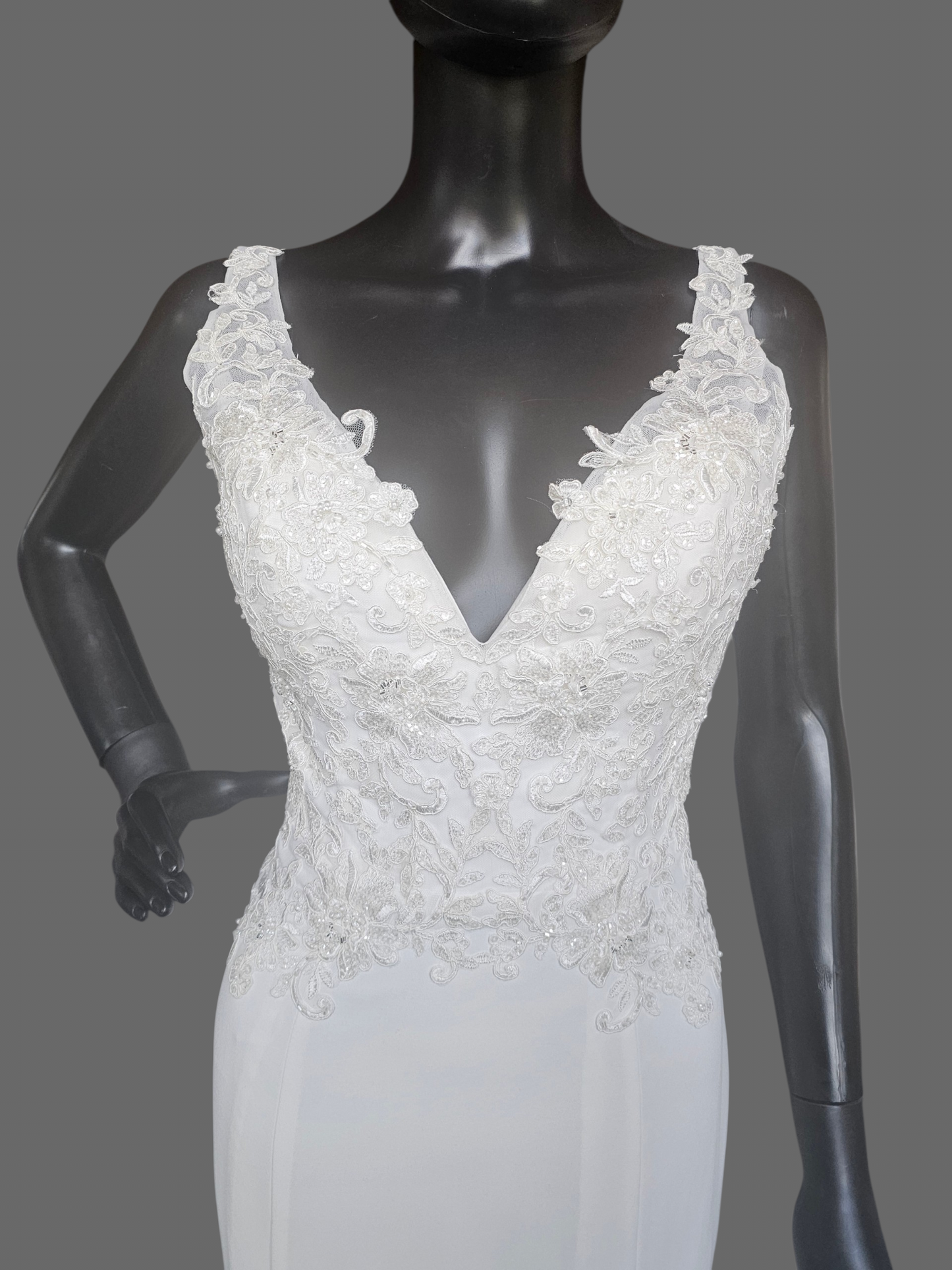 V-Neck Lace Bodice Fit/Flare Wedding Gown - Davinci