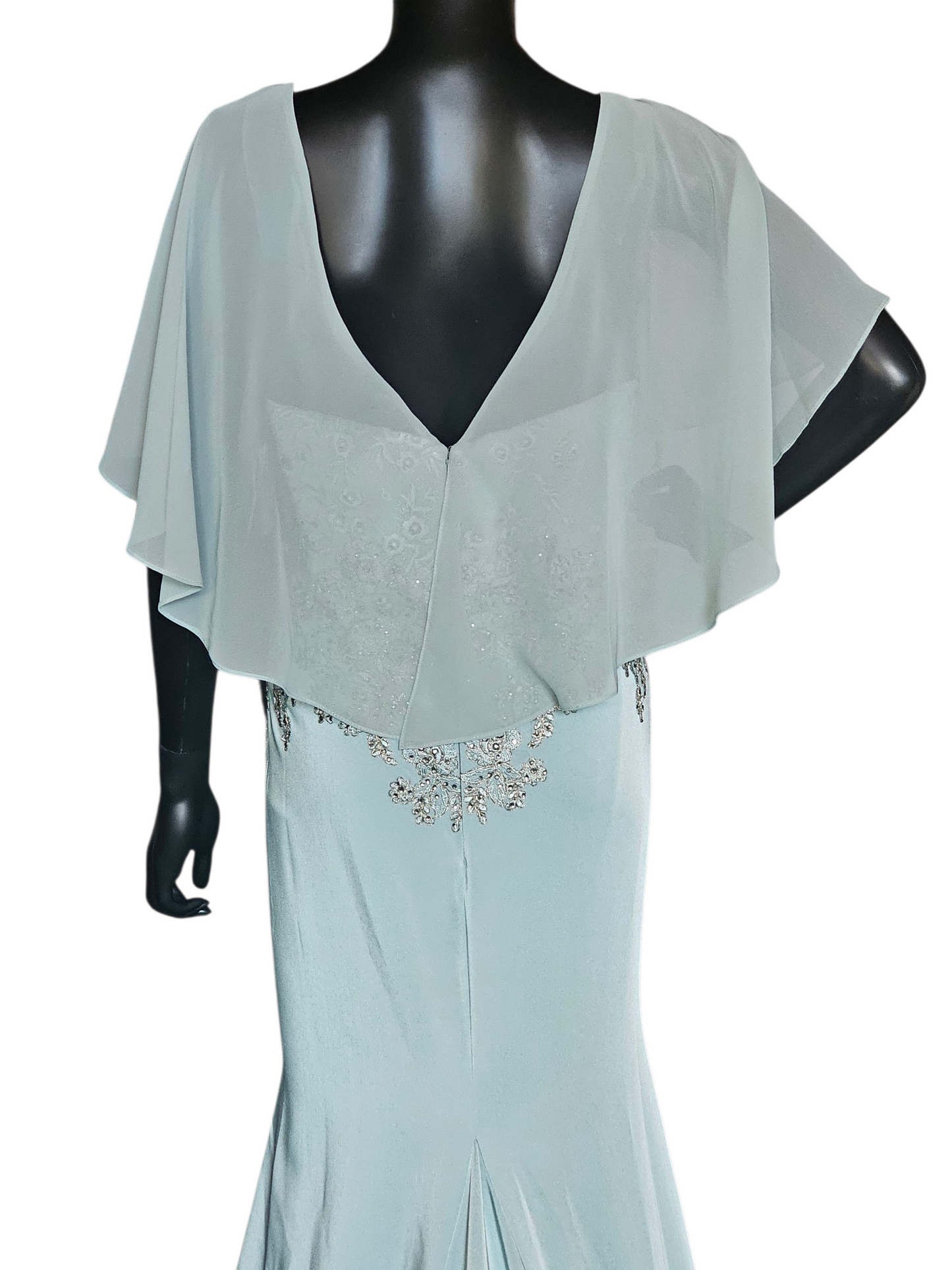 Deep Aqua/Silver Embroidered Chiffon Flutter Sleeve Formal Dress - Madeline Gardner