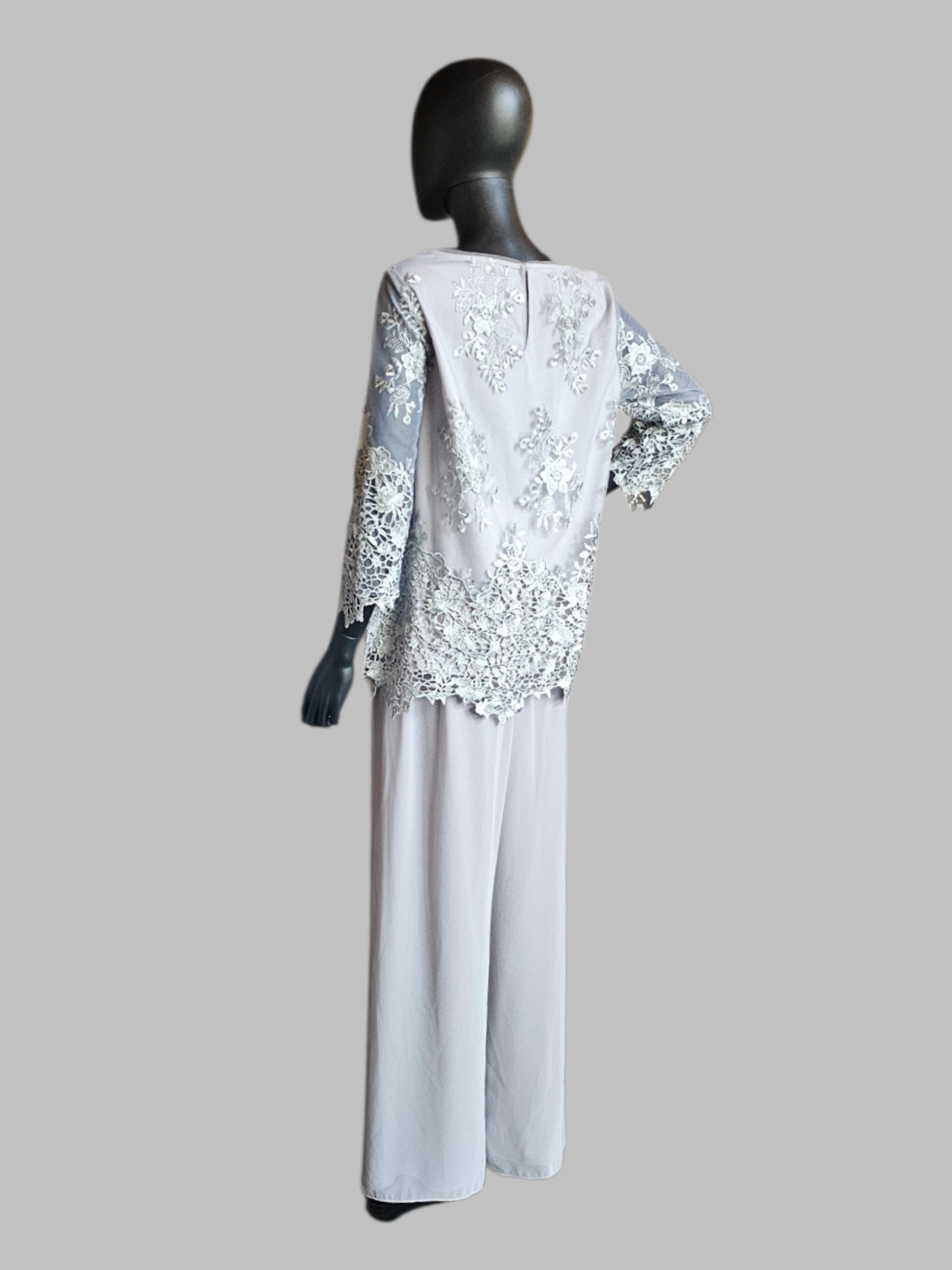 Grey Lace 3/4 Sleeve Chiffon 2 Piece Pant Mothers Formal Wear - Alex Evenings