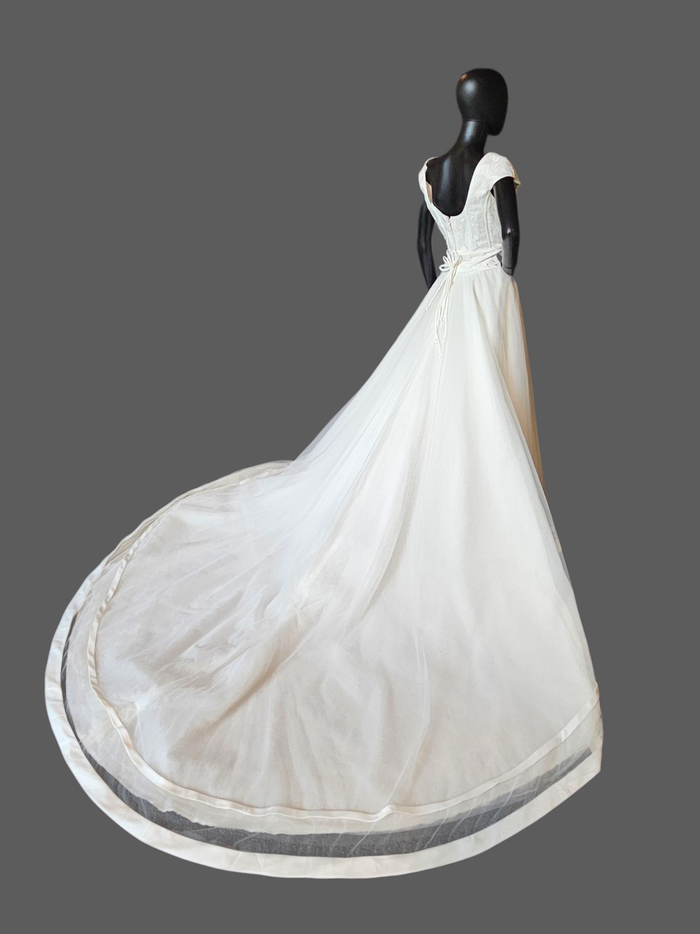 Vintage Ivory/Pink Embroidered Cap Sleeve A-Line Wedding Gown