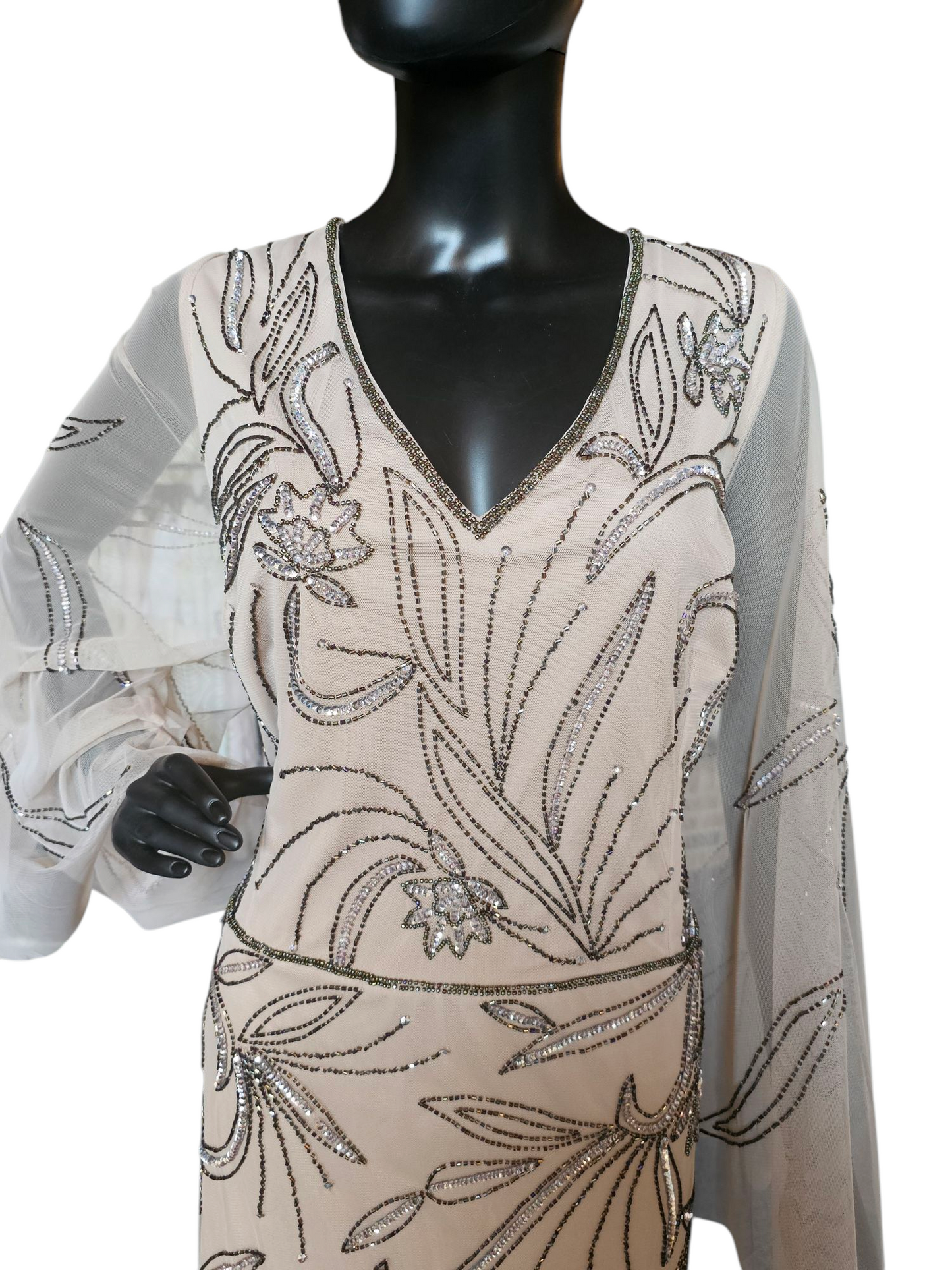 Taupe Beaded Mesh Bell Sleeve Formal Gown - Adrianna Papell