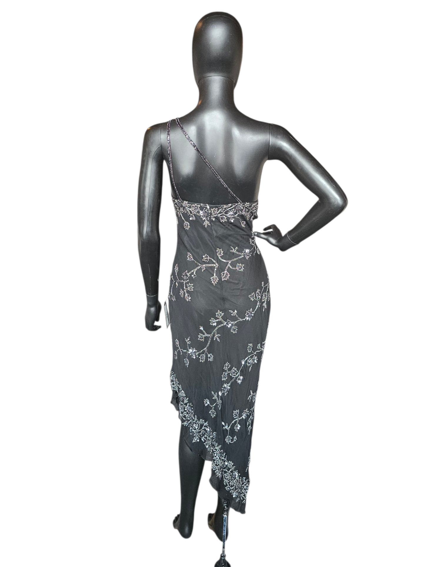 100% Silk Vintage Black Beaded Asymmetrical HighLow Dress - Scala