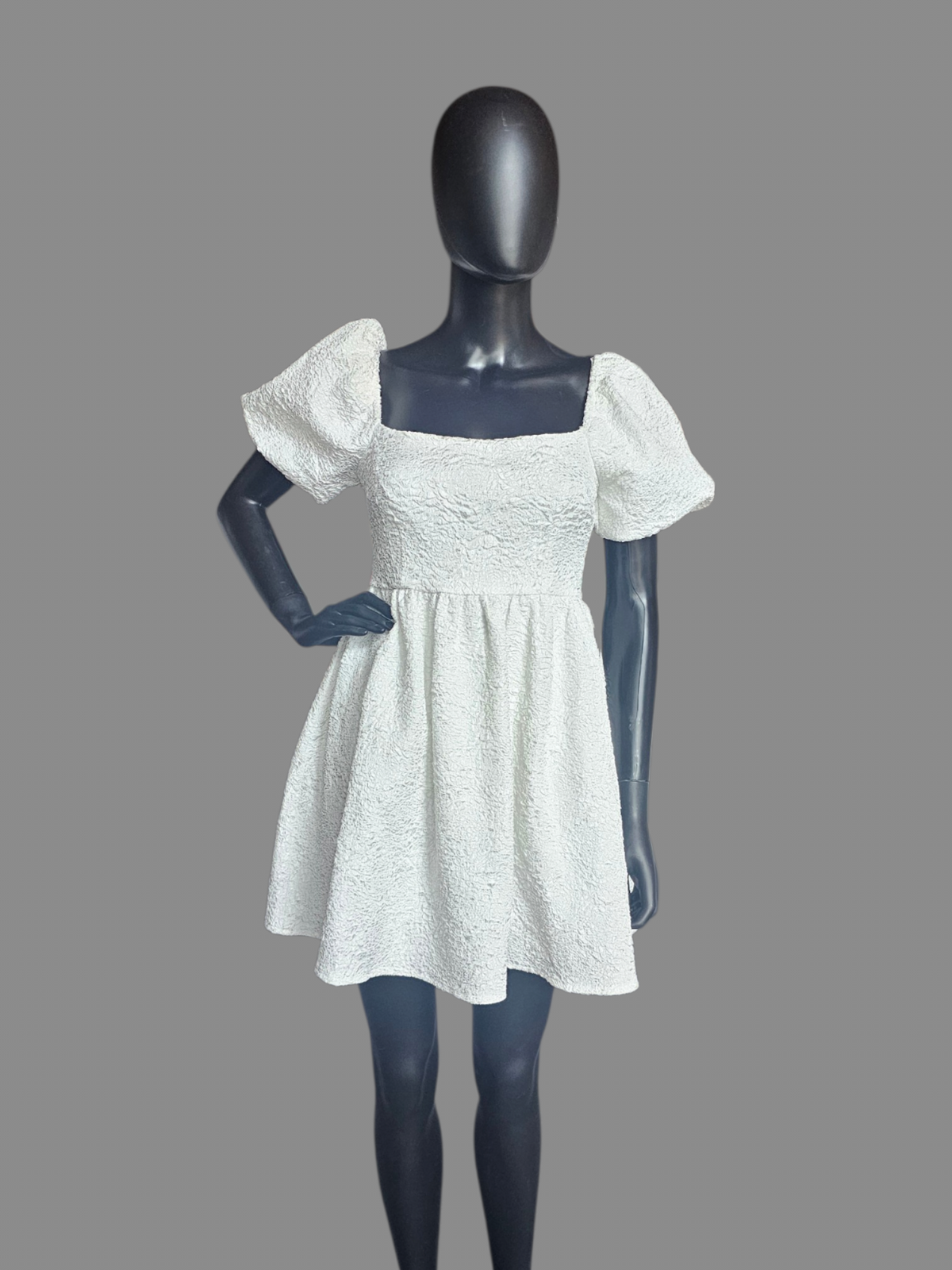 White Crushed Puff Sleeve Babydoll Homecoming Dress - She+Sky
