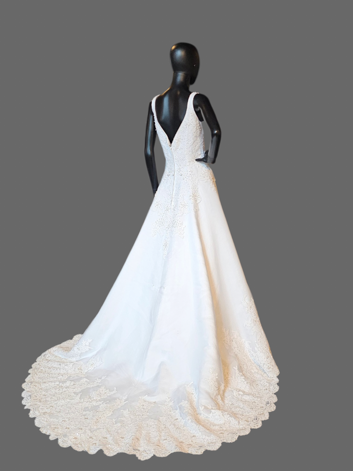 V-Neck Lace Applique Organza Wedding Gown - Oleg Cassini