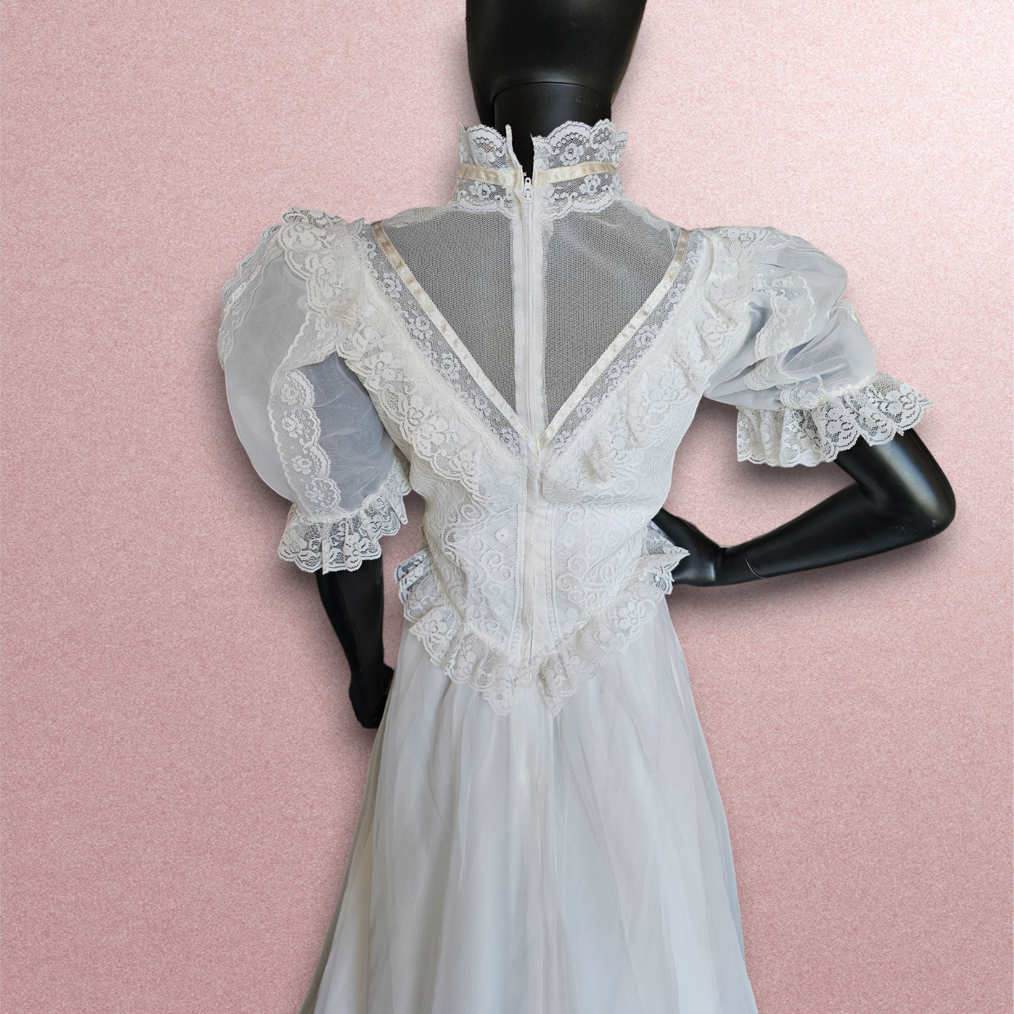 Vintage Victorian Lace High Collar Short Sleeve Wedding Gown