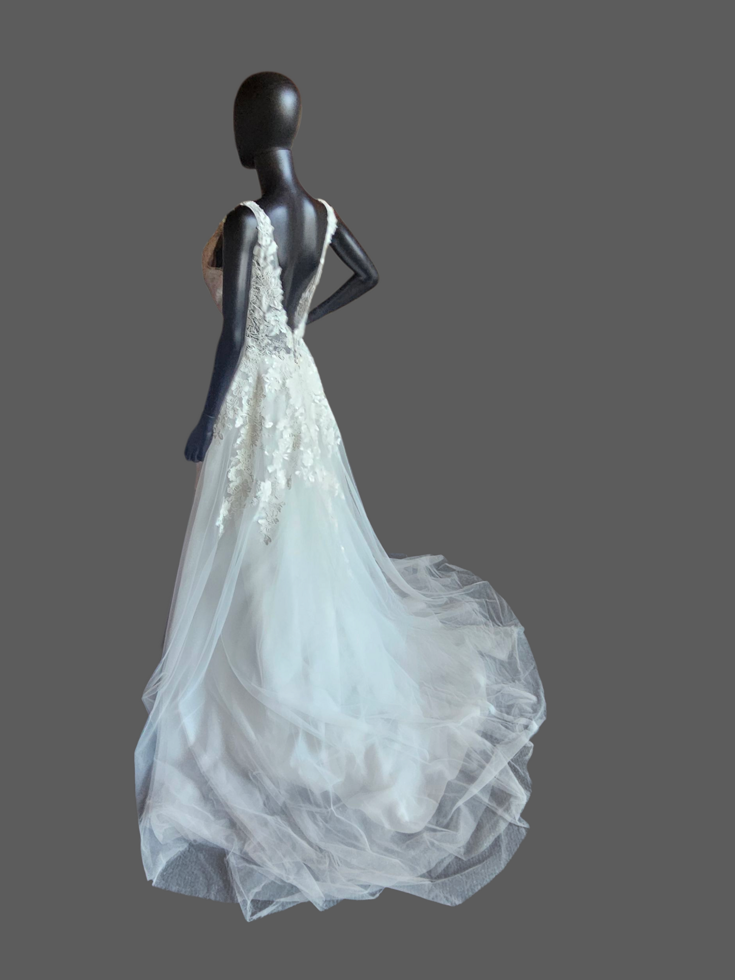 V-Neck Lace Applique Illusion Bodice A Line Wedding Gown - Petite