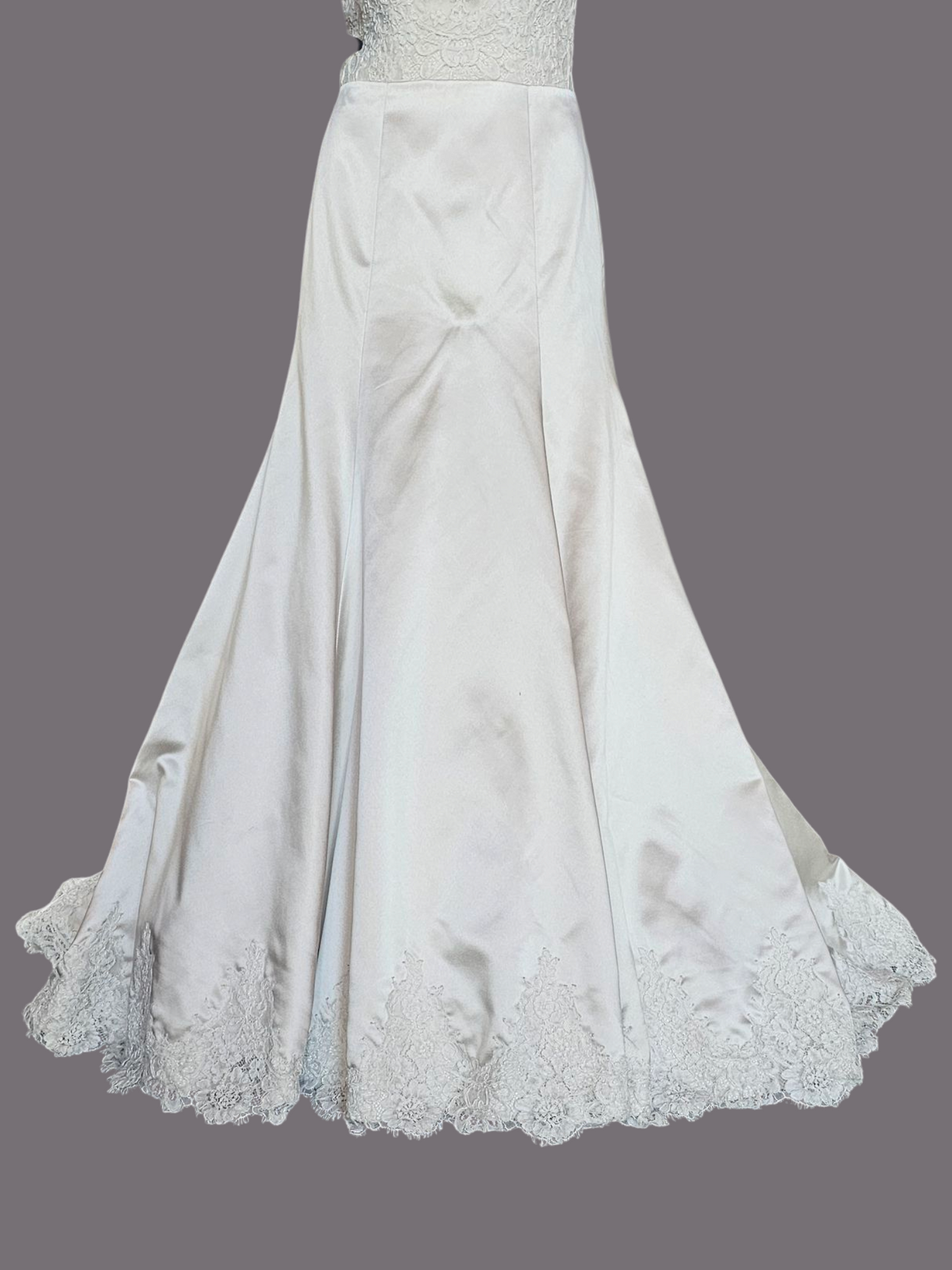 Oyster Satin/Lace Bodice Fit and Flare Wedding Gown