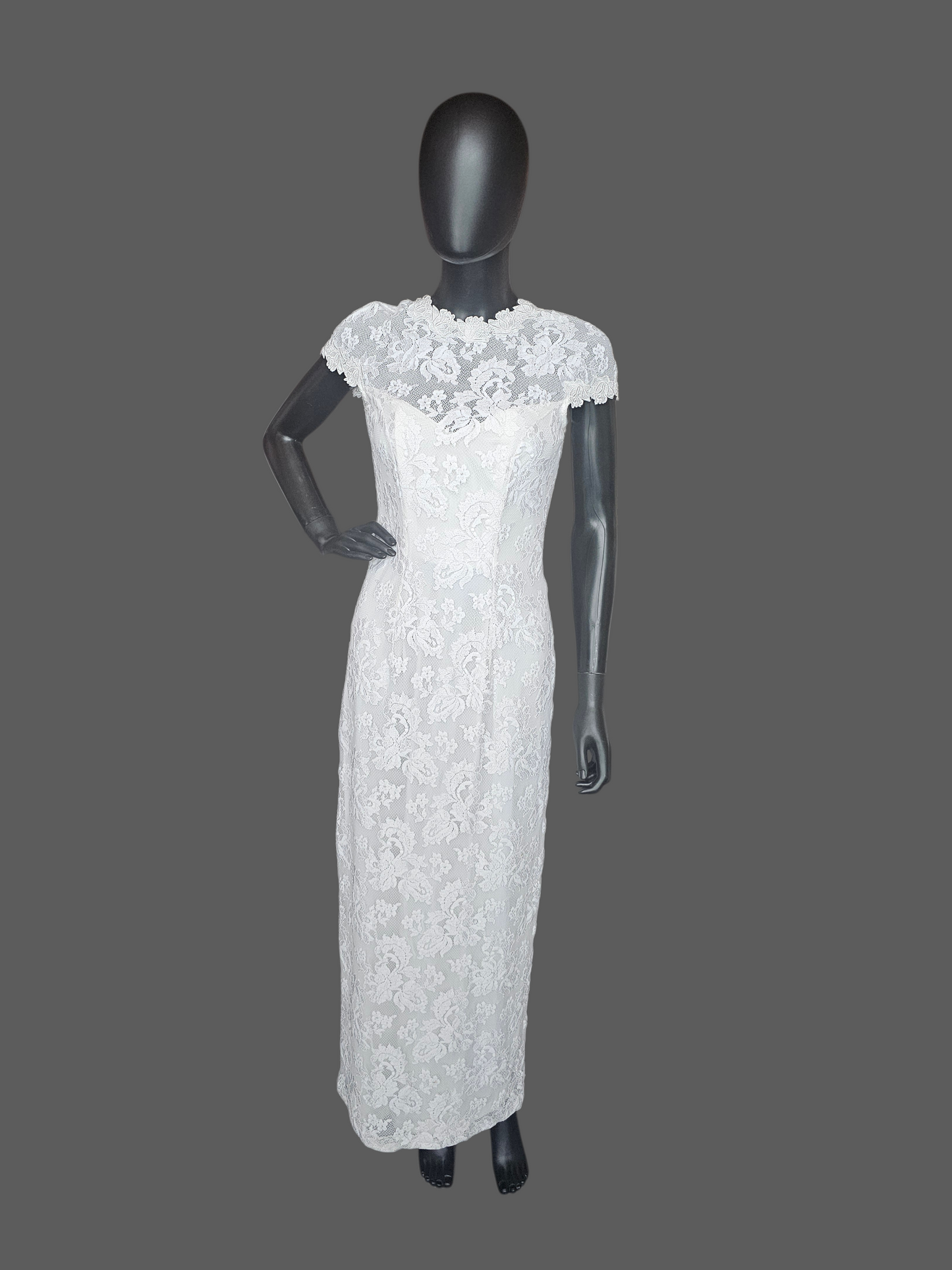 White Lace Fitted Cap Sleeve Straight Cut Ankle Length Formal Dress