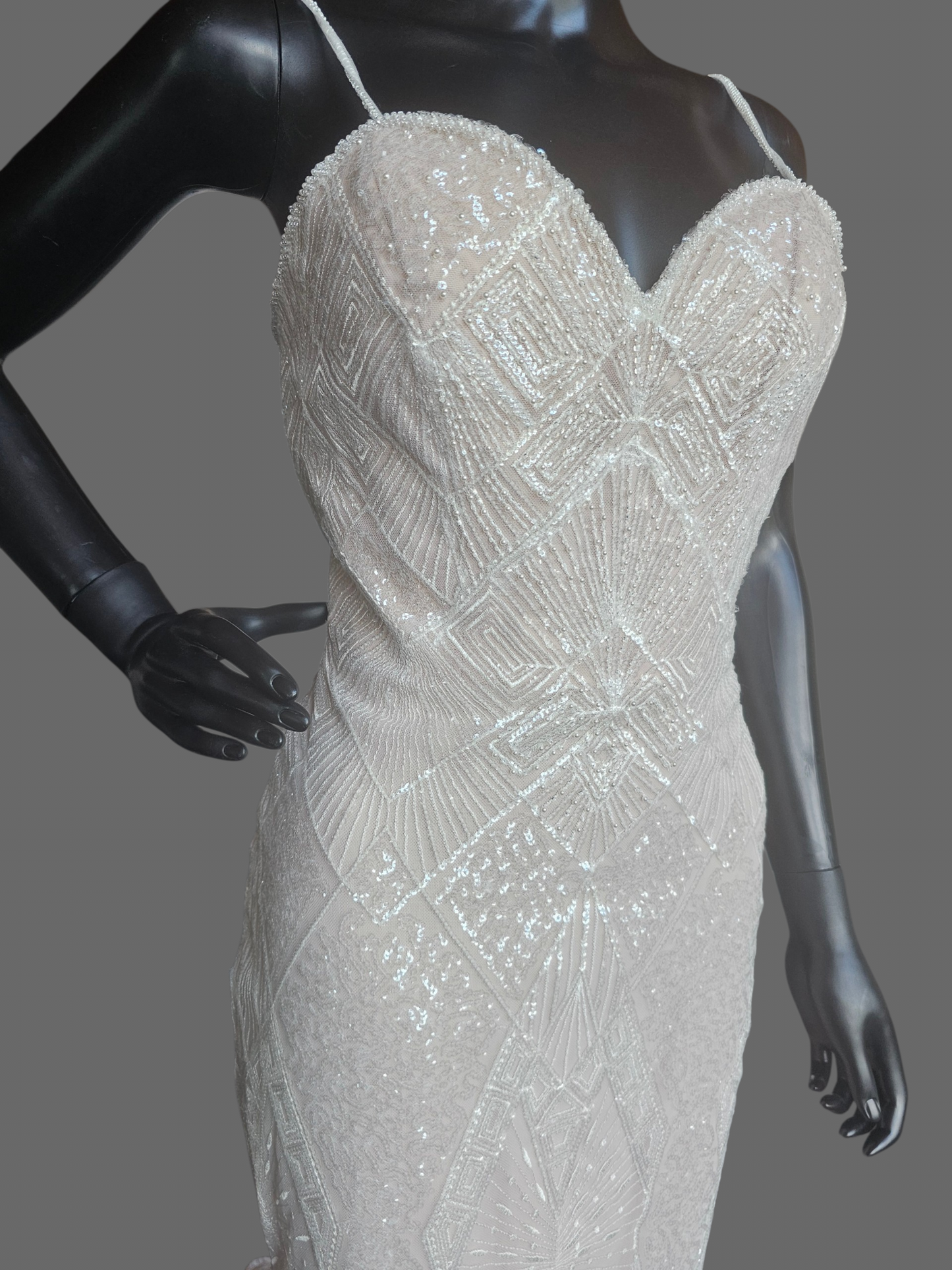 Nude Art Deco Inspired Embroidered Sequin Fit/Flare Wedding Gown - Davinci