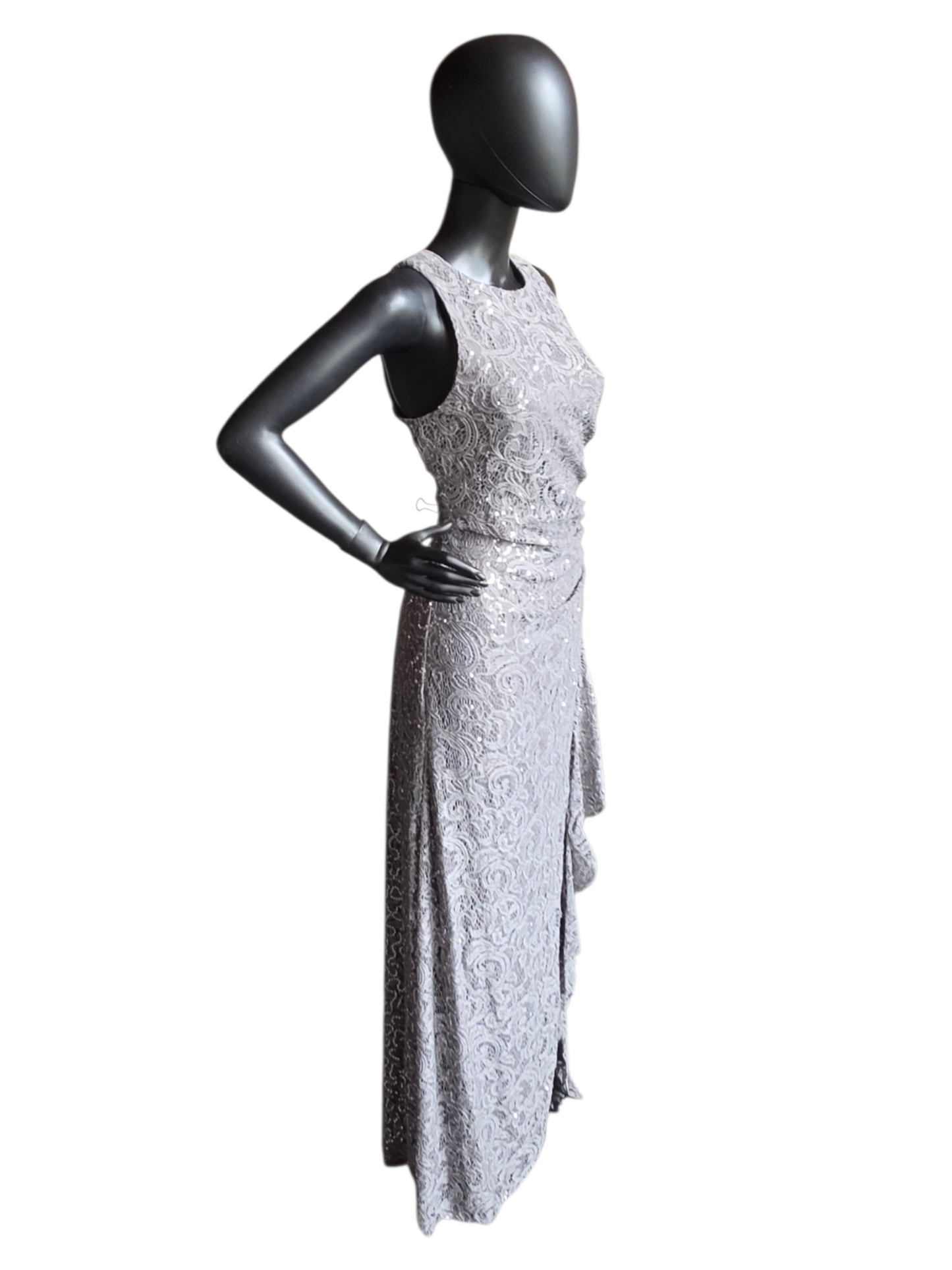 Pewter Sparkle Fit/Flare High Scoop Stretch Lace Side Ruched Slit Moms/Formal Dress - Alex Evenings
