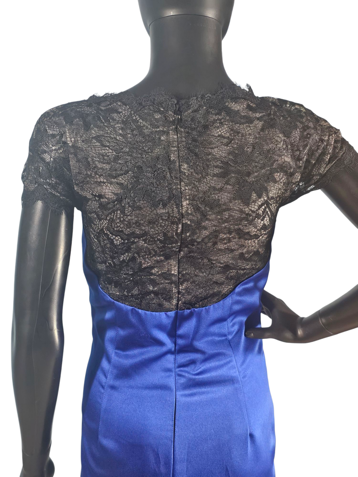 Royal Blue/Black Lace Cap Sleeve Full Length Formal Dress - Da Vinci