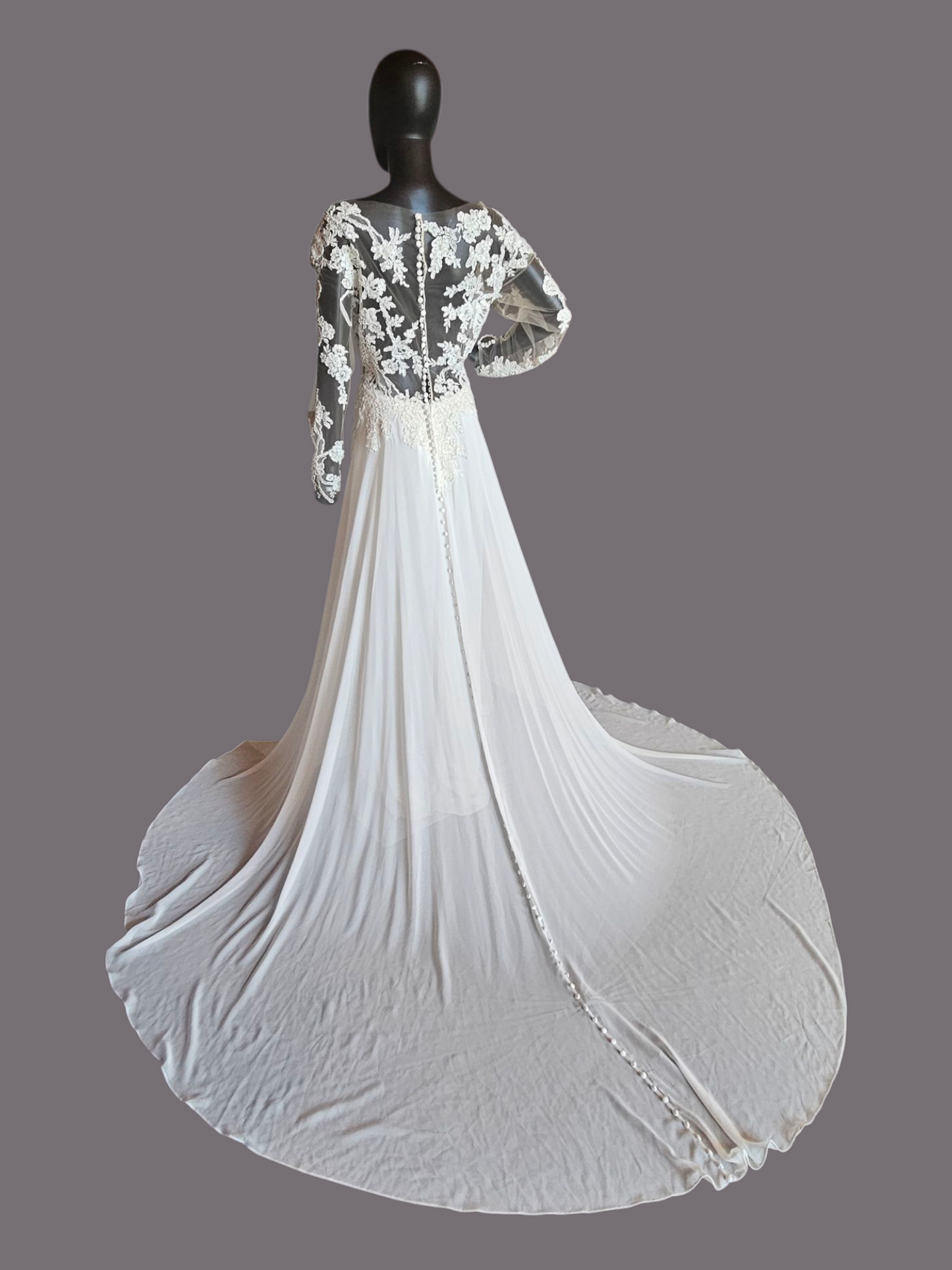 Ivory/Nude Deep Plunge Long Sleeve Chiffon Wedding Gown - Allure Romance