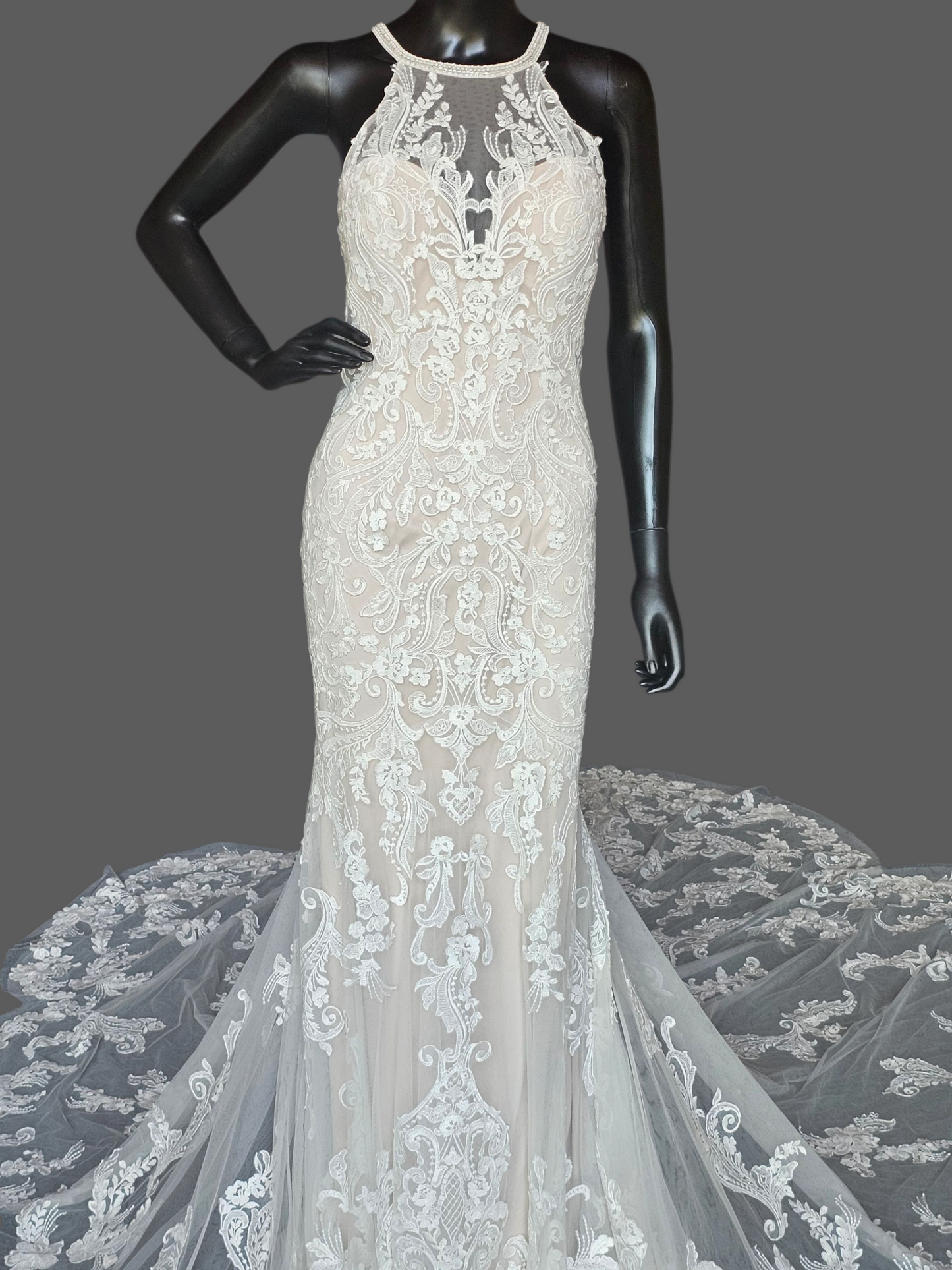 Ivory/Cappuccino Lace Halter Fit/Flare Scallop Train Wedding Gown - Mori Lee