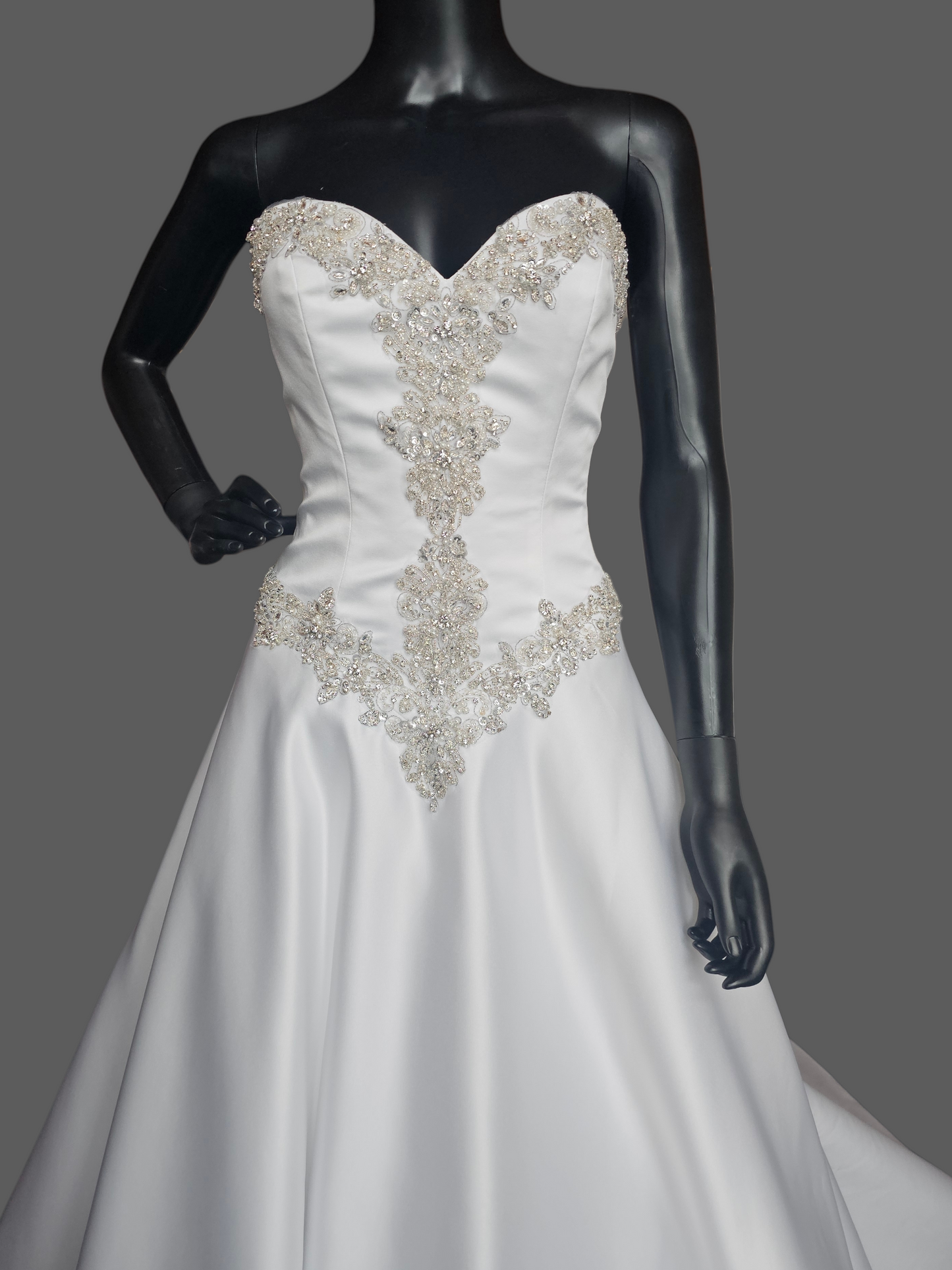 White Satin Basque Waist Strapless Sweetheart Wedding Gown - Mori Lee