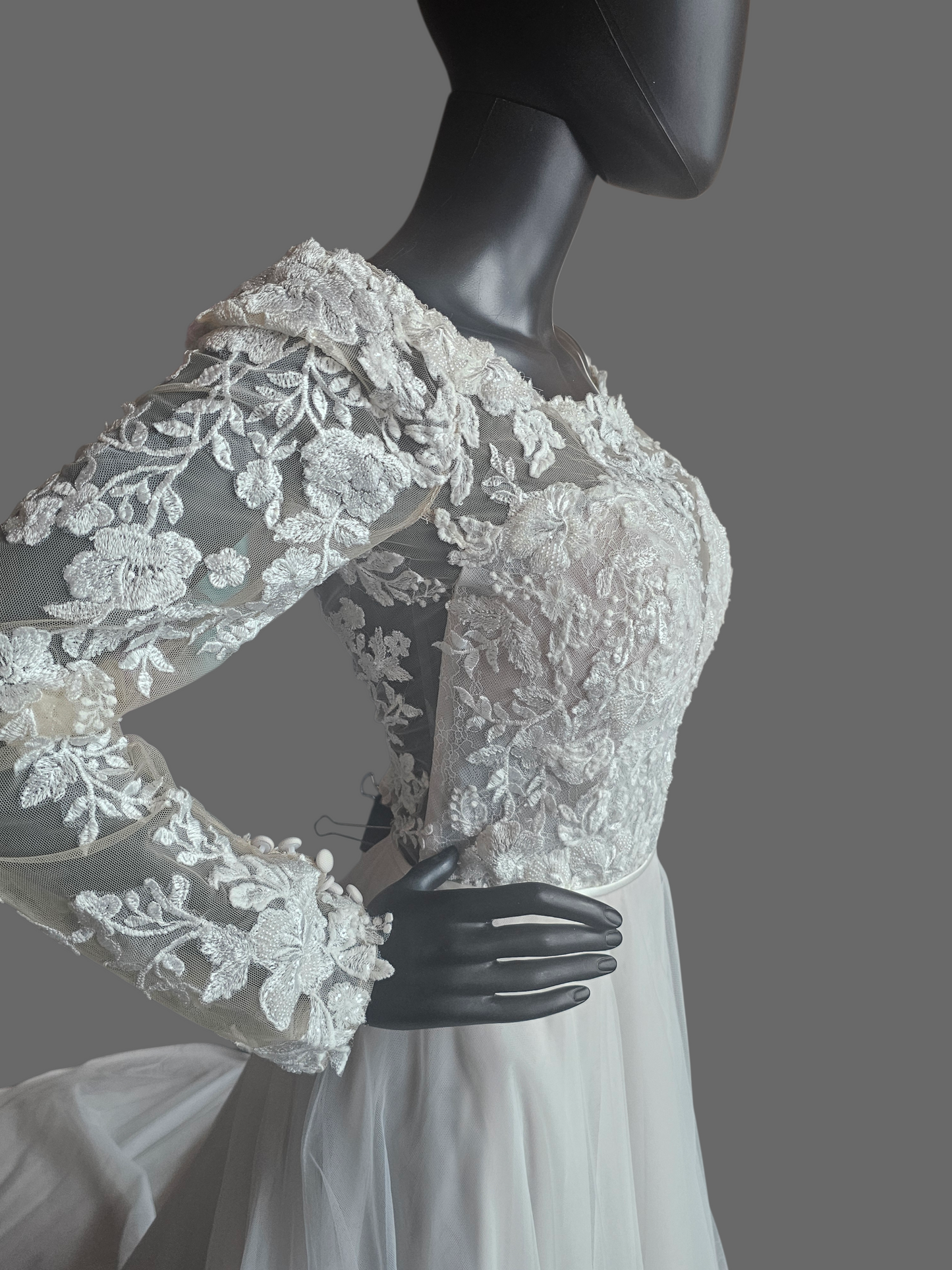 Ivory/Honey Illusion Lace Long Sleeve A-Line Wedding Gown