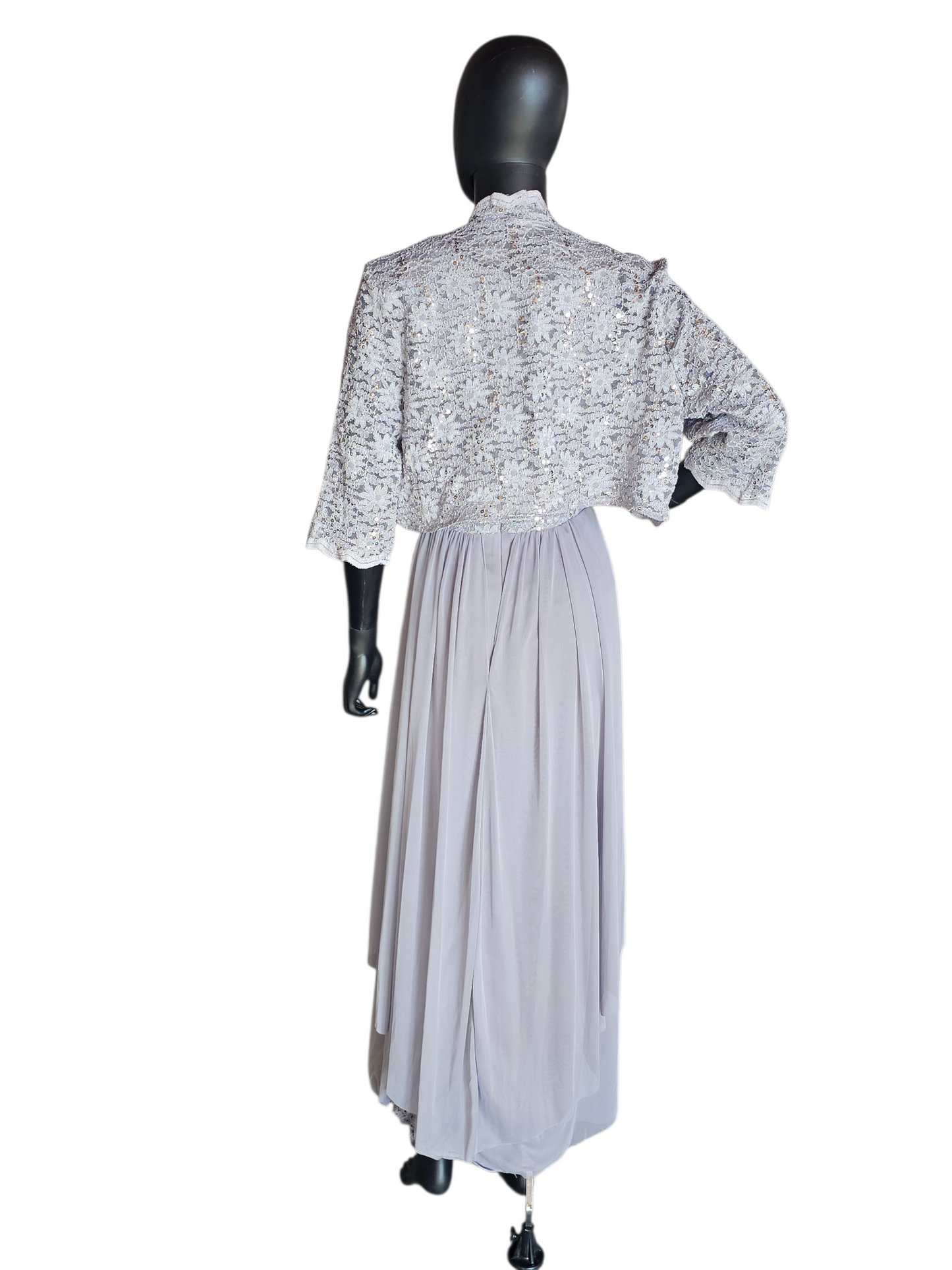 Silver/Grey Lace 3/4 Sleeve Jacket Formal Dress - R + M Richards