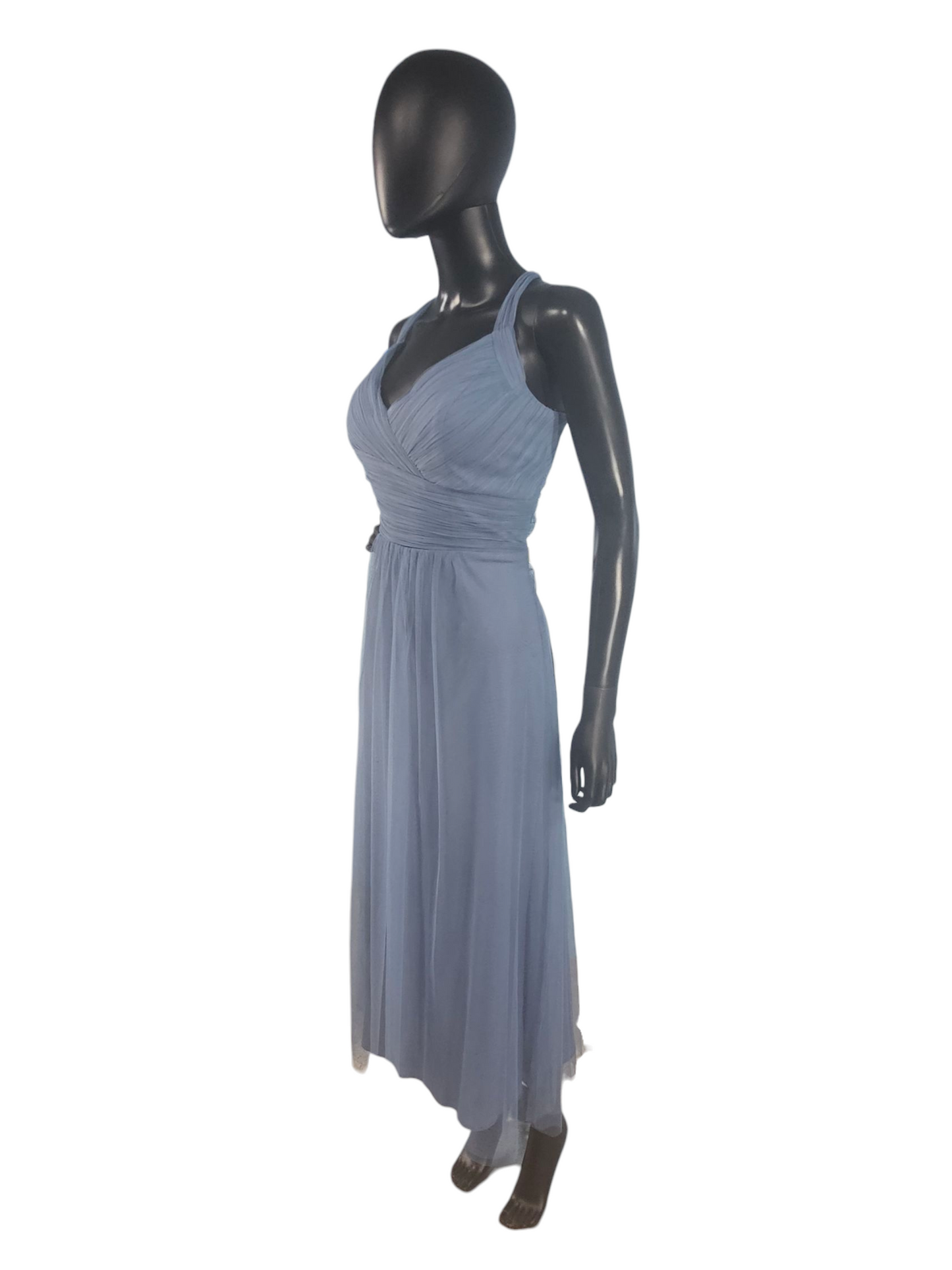 Slate Net/Tulle Tea Length Halter Formal Dress - Bill Levkoff