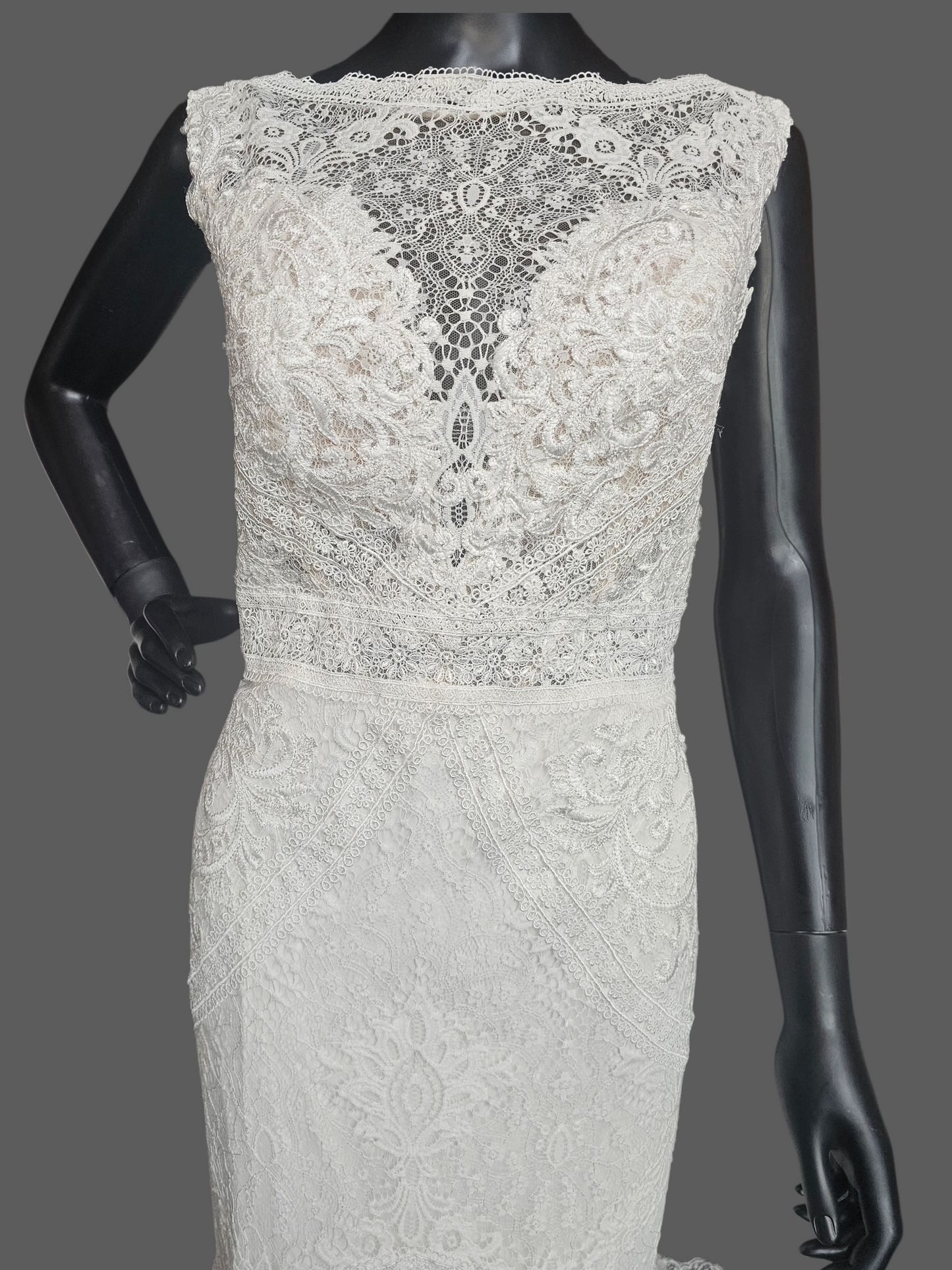 Boatneck Lace Ivory Fit/Flare Boho Wedding Gown - Lillian West