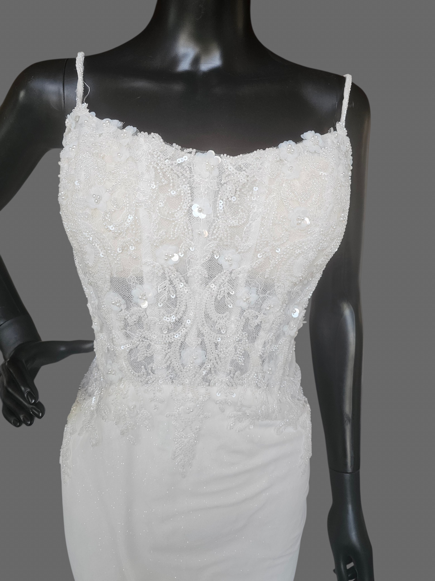 Ivory Overlay Floral Beaded Glitter Fit/Flare Wedding Gown - Davinci