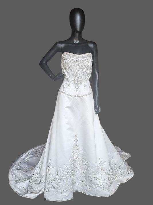 White Satin Drop Waist A-Line Wedding Gown  - Casablanca