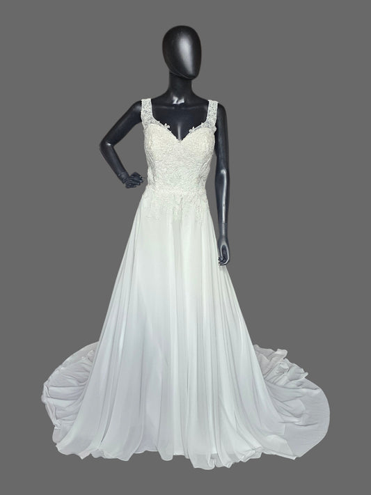 Chiffon A-Line Lace V-Neck Illusion Back Wedding Gown - Davinci