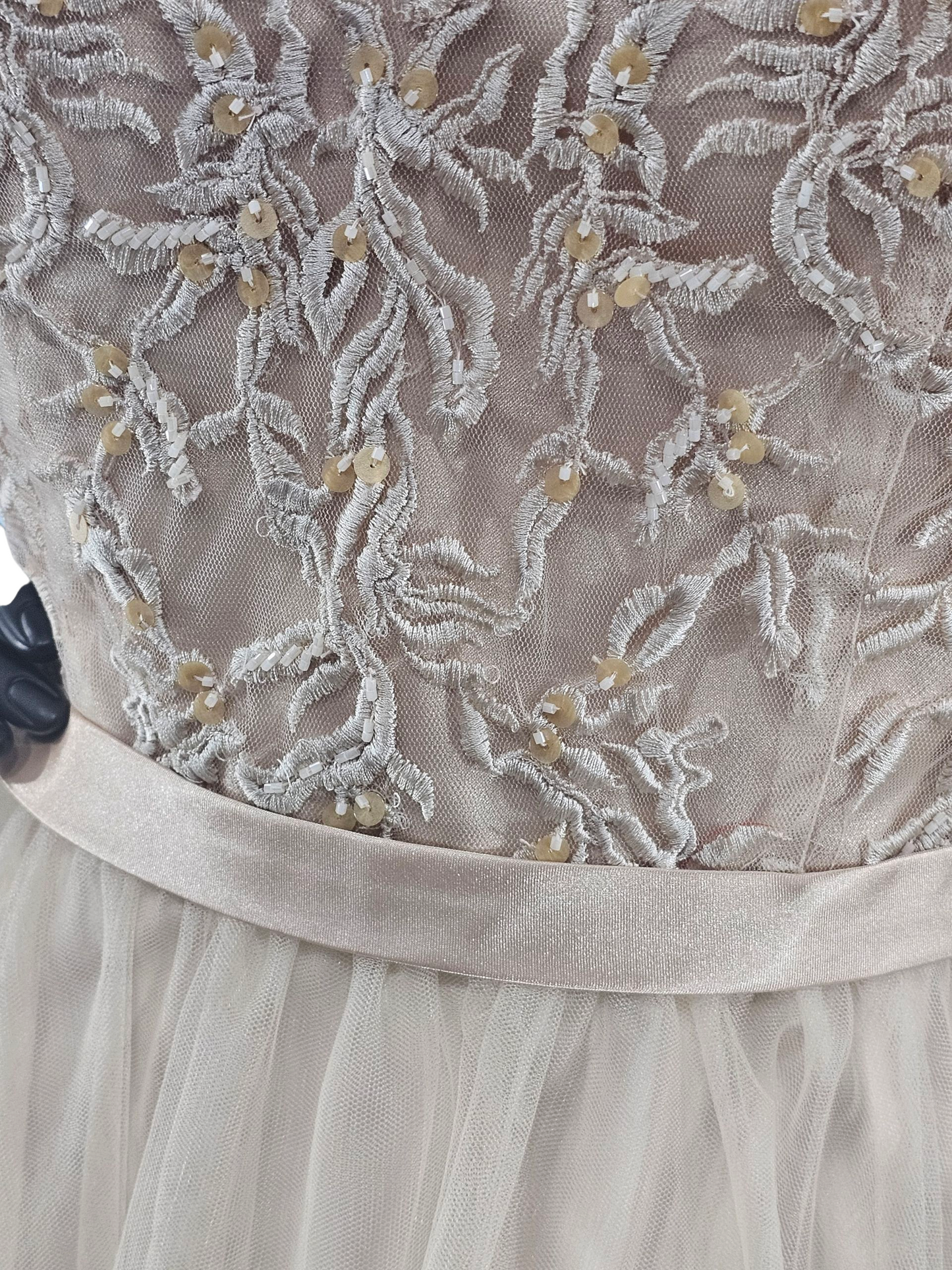 Champagne V-Neck Embroidered Formal Dress - Mori Lee