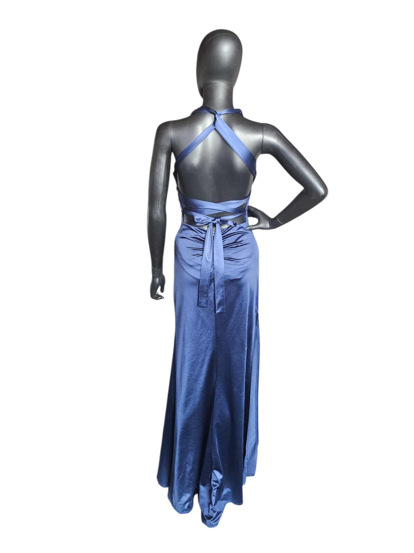 Navy Stretch Charmeuse Open Back Halter Maxi Dress - B. Darlin