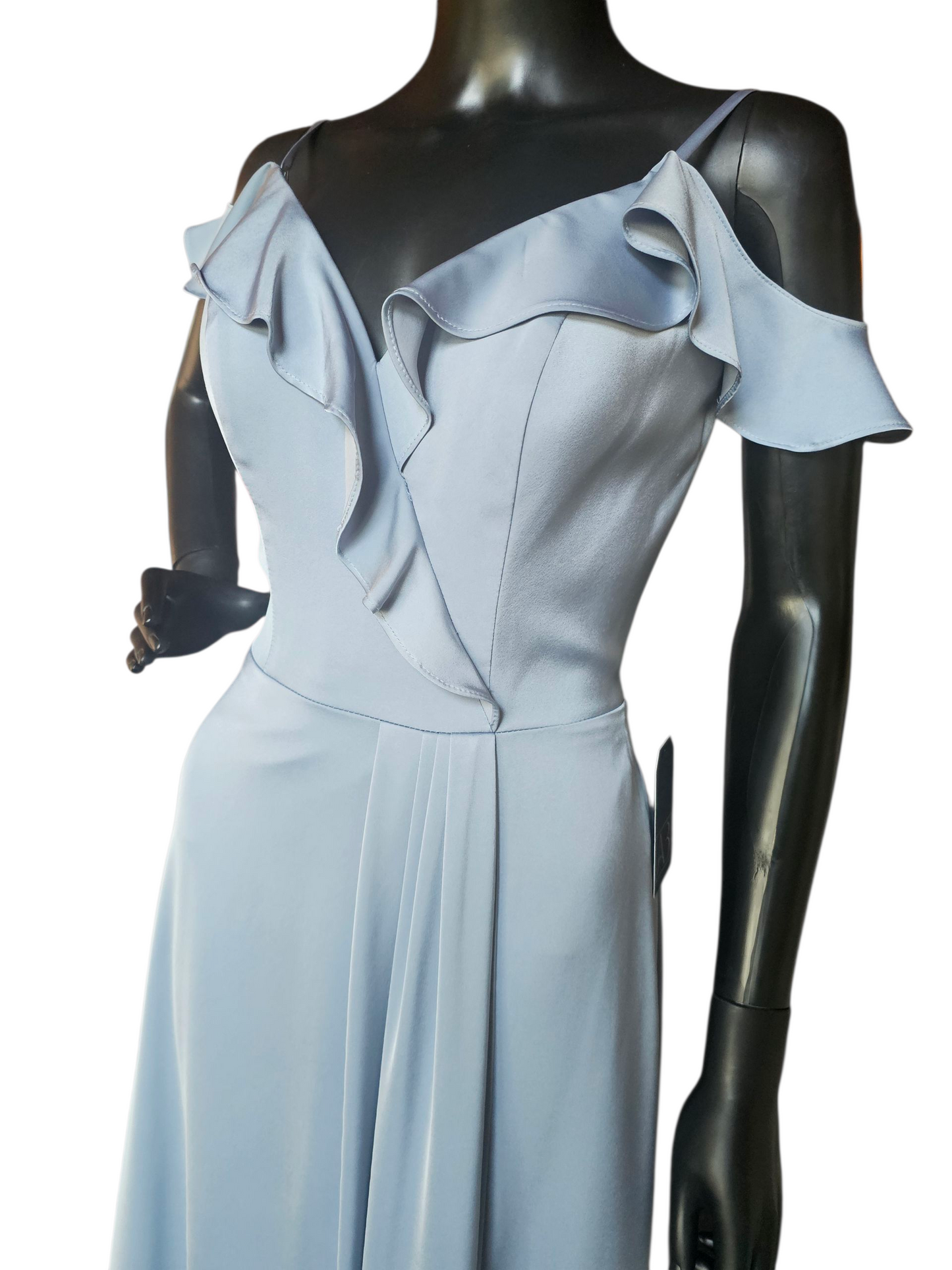 Dusty Blue Soft Satin Flutter Sleeve Full Length Formal Dress - Da Vinci