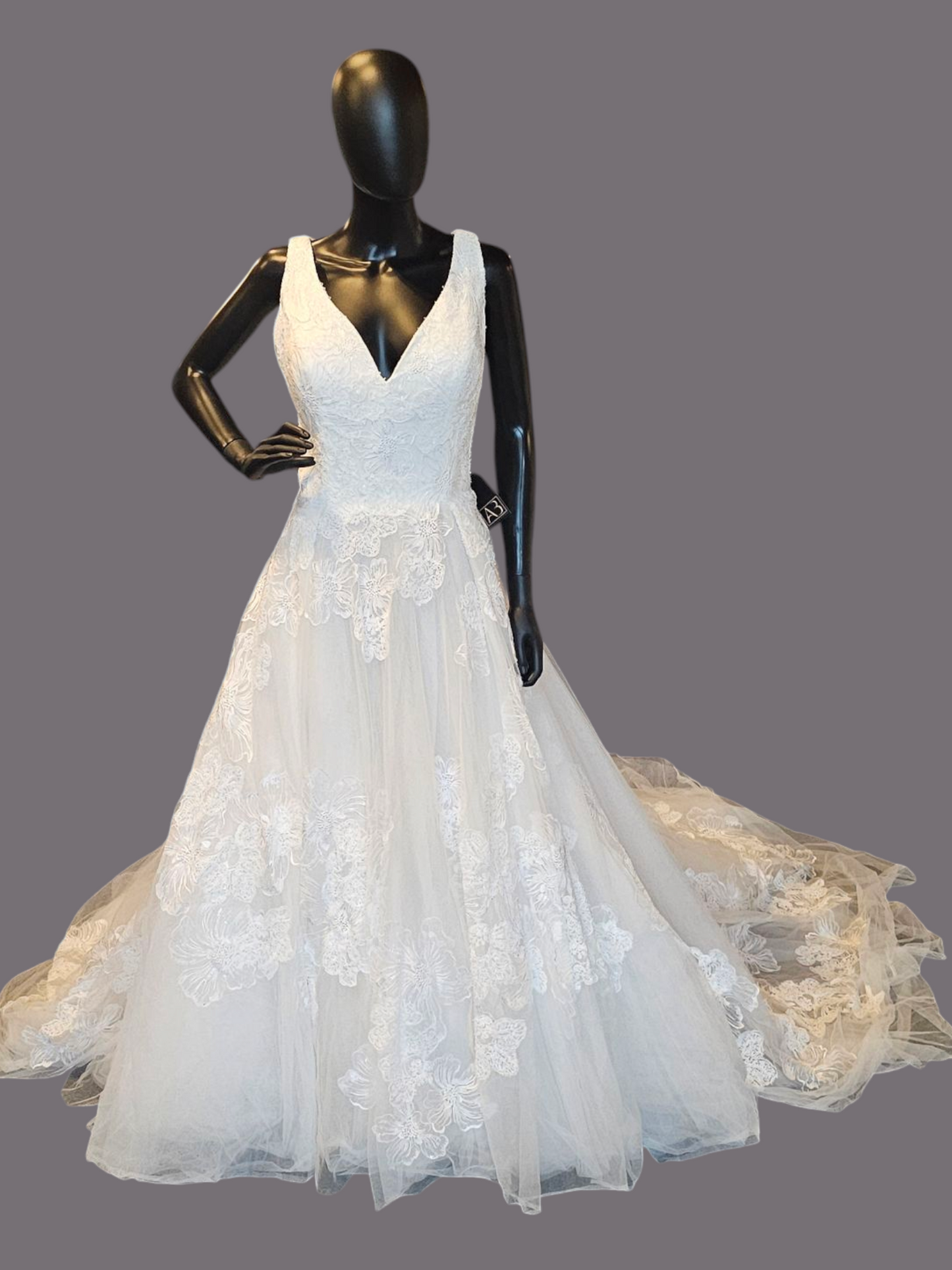 Ivory V-Neck Full Skirt Large Scale Floral Embellished Wedding Gown - Adrianna Papell