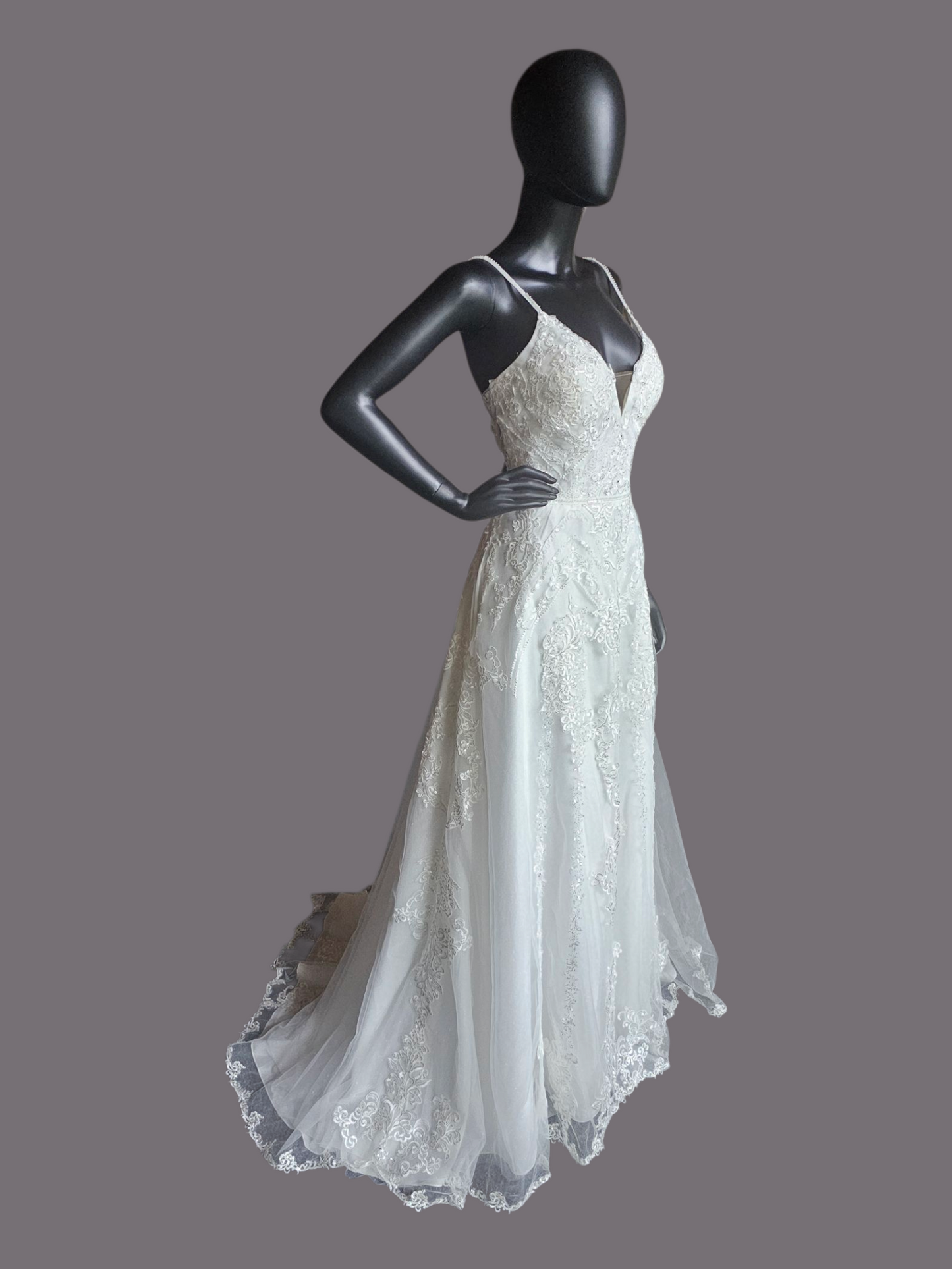 Sparkle A-Line Plunge Spaghetti Strap Wedding Gown - Oleg Cassini