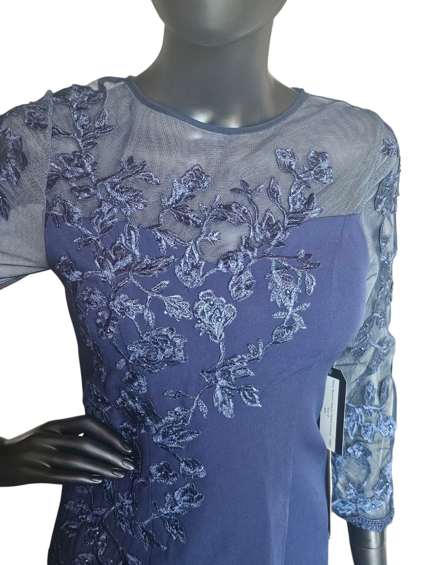 Navy Illusion Sleeve Fitted Formal Dress - NWT