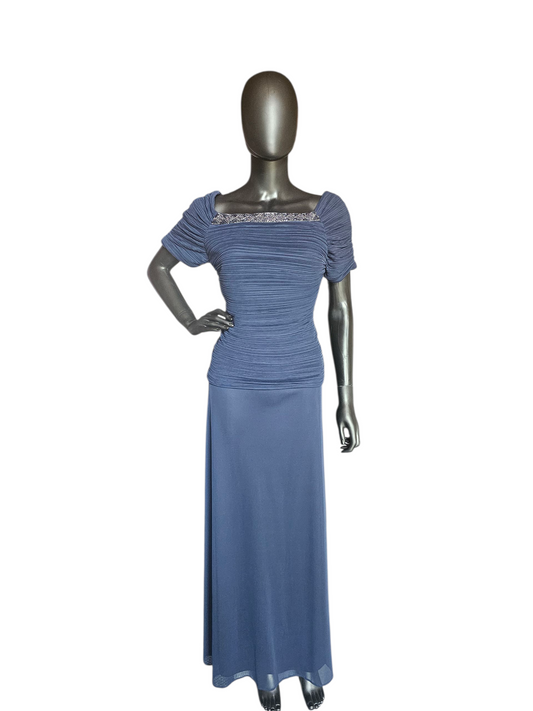 Navy Shirred Cap Sleeve Formal Dress